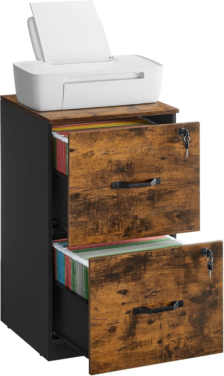 2 Drawer File Cabinet, File Cabinet with Lock, Printer Stand, Office Filing Cabinet Organizer, for A4 and Letter Size Files, Rustic Brown and Black UOFC061B01