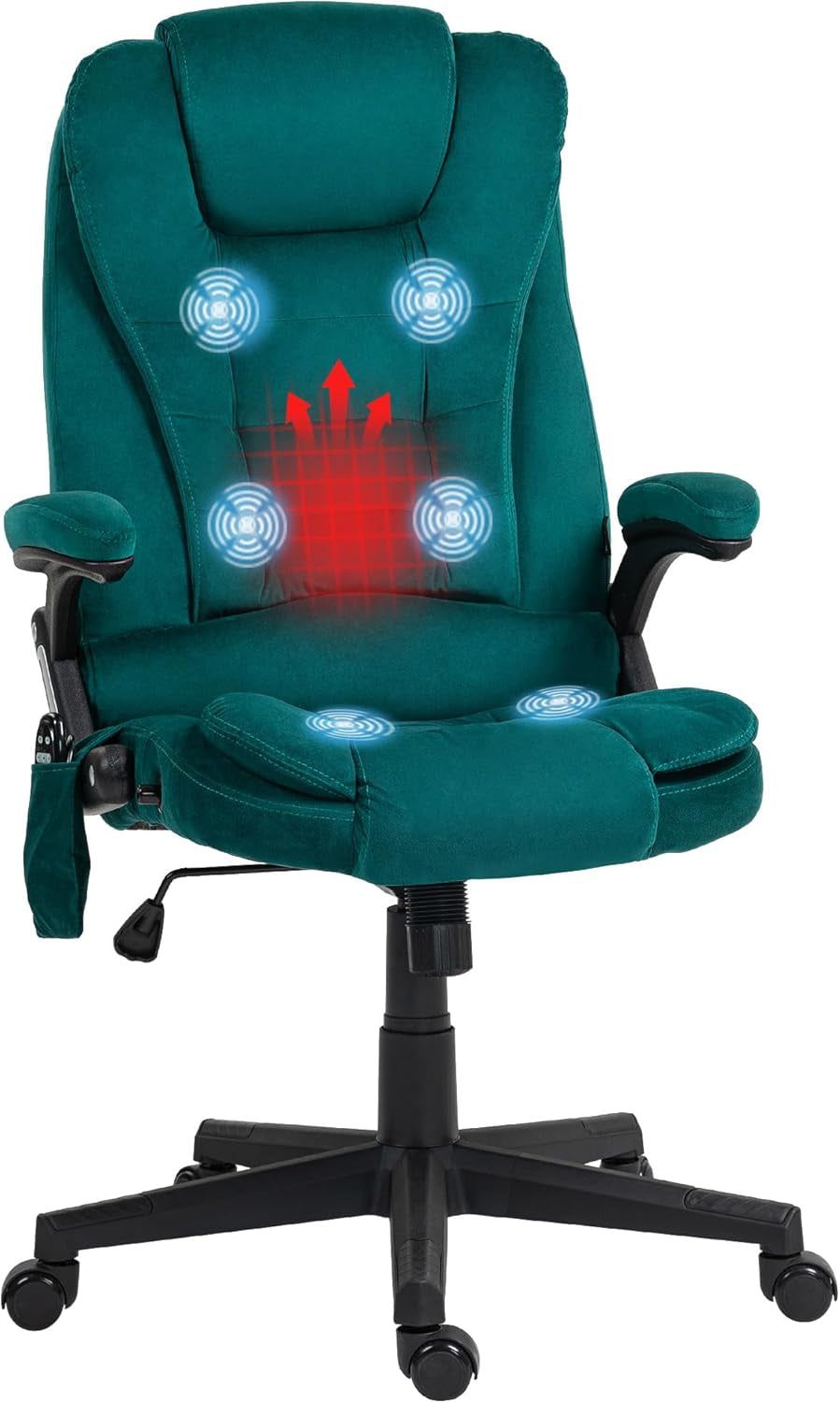 6 Point Vibrating Massage Office Chair with Heat, Velvet High Back Executive Office Chair with Reclining Backrest, Padded Armrests and Remote, Dark Green