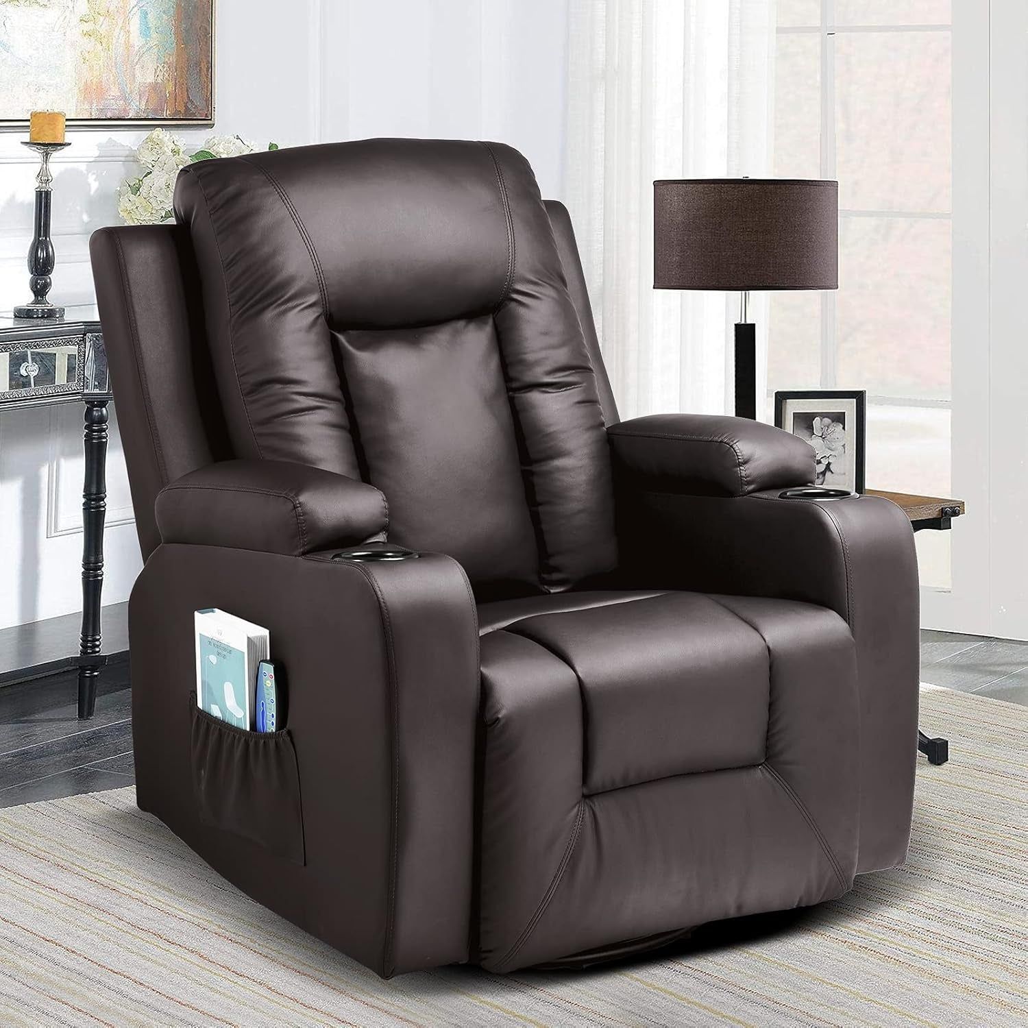 Recliner Chair, PU Rocking Chair for Adults, Swivel Recliner with Cup Holders, Heat and Massage, Single Sofa Seat with Side Pockets for Living Room, Bedroom (Brown)