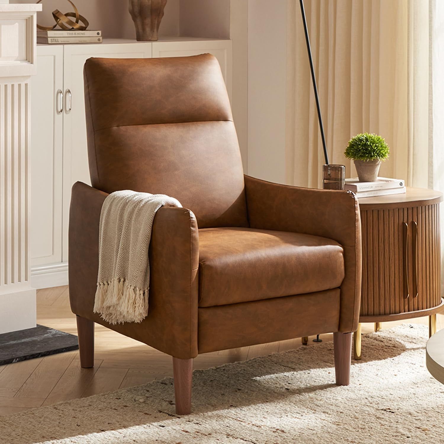 Arthur Recliner Chair with 3 Positions, Accent Chair, Mid Century Modern Reading Chair, High Back Padded Support Comfy Sleeper Armchair (Pecan Brown Faux Leather)