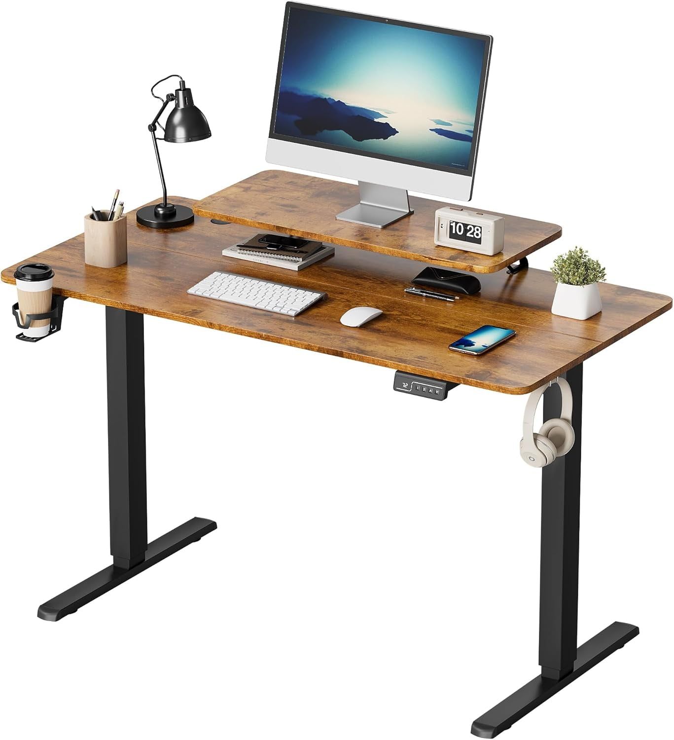 Electric Standing Desk with Monitor and Laptop Workstation, 47 X 24 Inches Height Adjustable Sit Stand up Desk, Computer Workstation with Cup Holder and Hook, Cable Holes, Rustic Brown