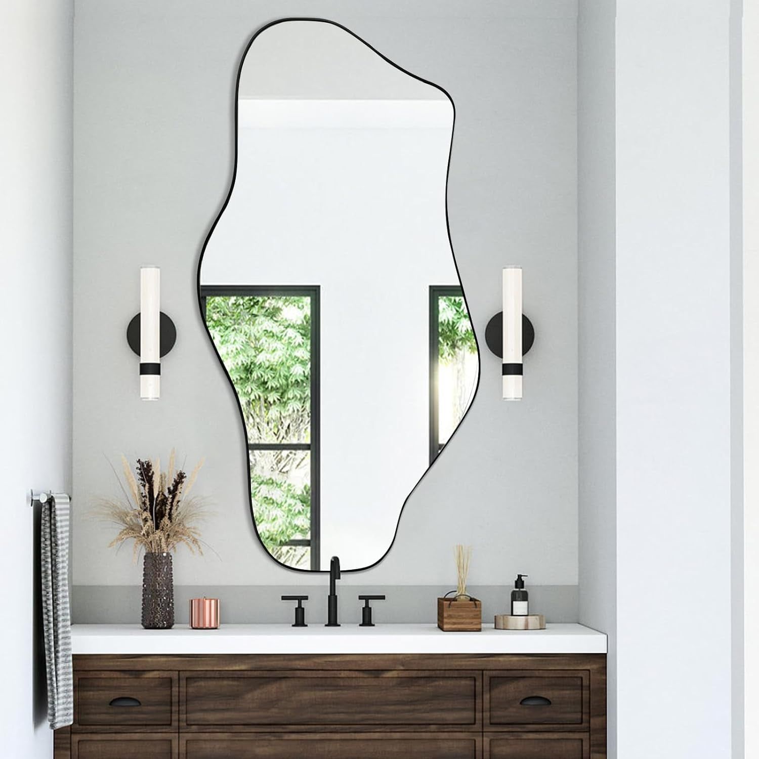 Modern Decorative Irregular Mirror with Asymmetrical Body Shape and Black Frame - Ideal for Living Room, Bathroom, Bedroom, Entryway, or Fireplace - Large Size 47.2X21