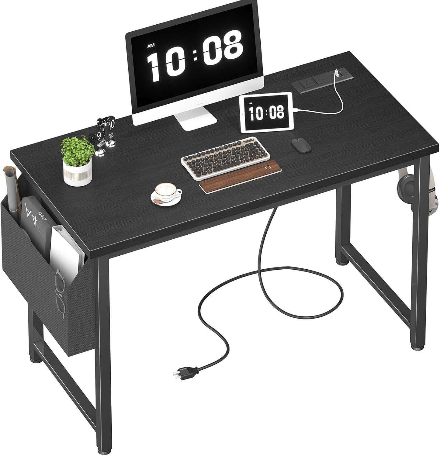 39 Inch Computer Desk with Power Outlet, 40 Inch Teen Study Table Home Office Work Writing Desks with Charging Station Outlets Built In, Black