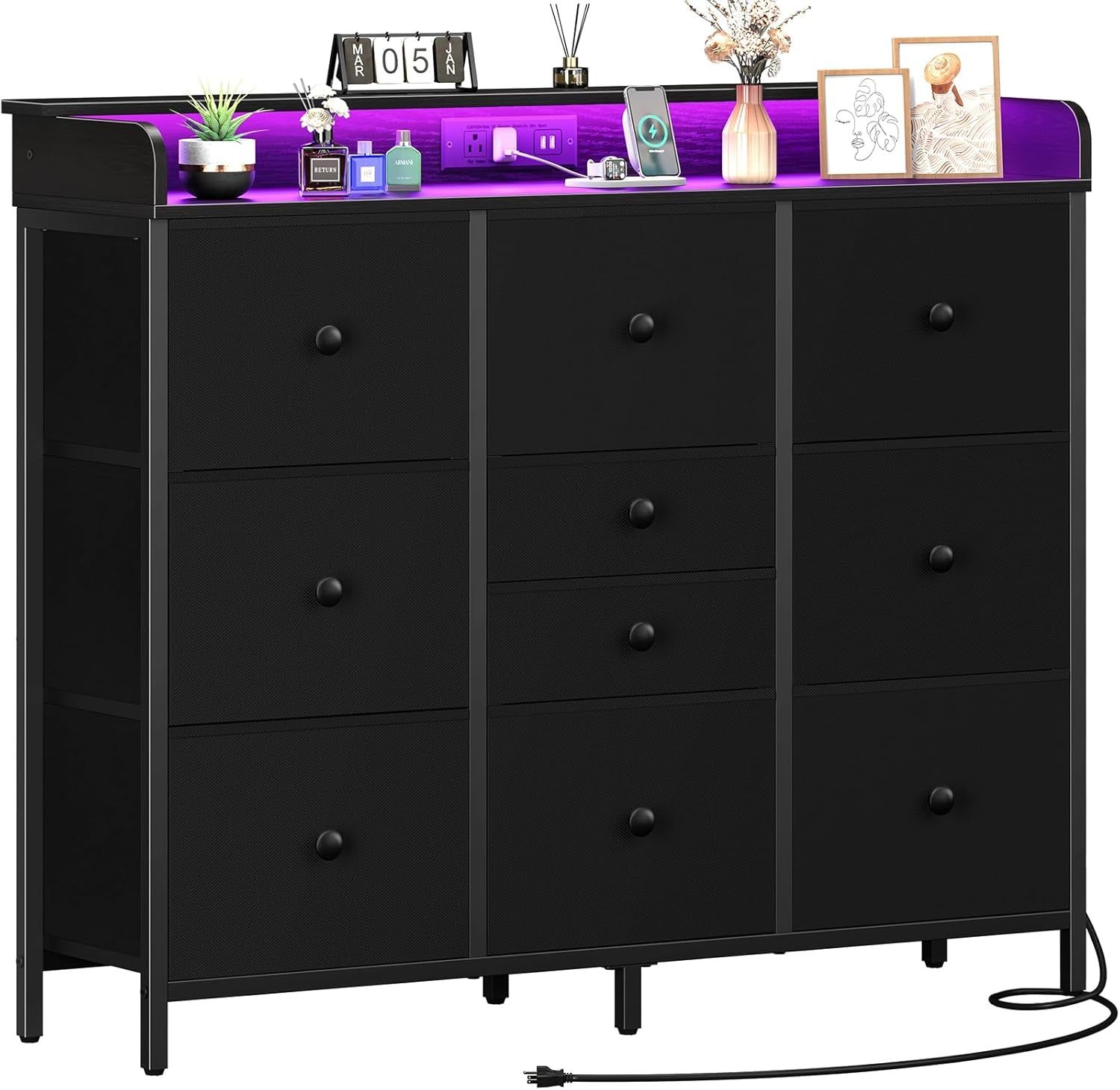 Dresser for Bedroom with Charging Station and LED Lights, Tall Dresser TV Stand with 10 Storage Drawers,Fabric Black Dressers &amp; Chests of Drawers,Wood Dresser for Bedroom Closet Organizer