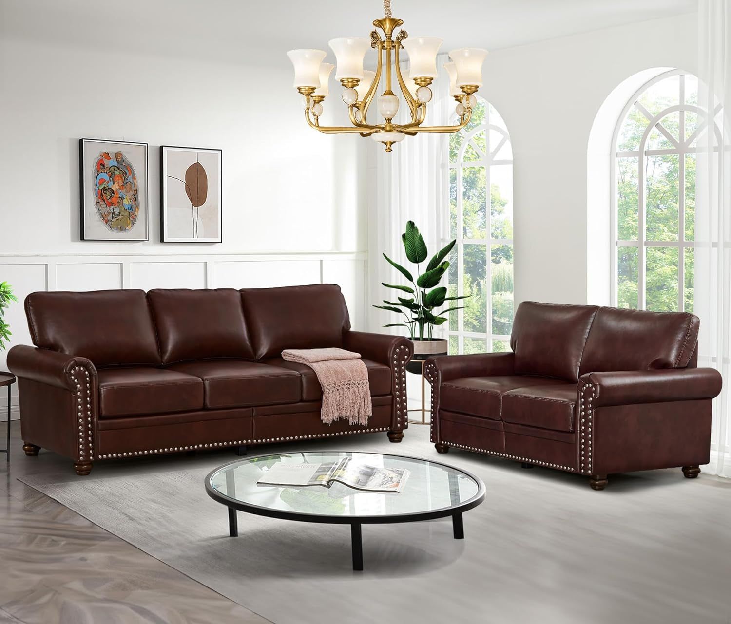 2-Piece Comfy Upholstered PU Leather Sofa Couch Set, Mid-Century Modern Loveseat Sofa+3 Seater Couch with Storage Space for Living Room, Furniture Set, Red Brown