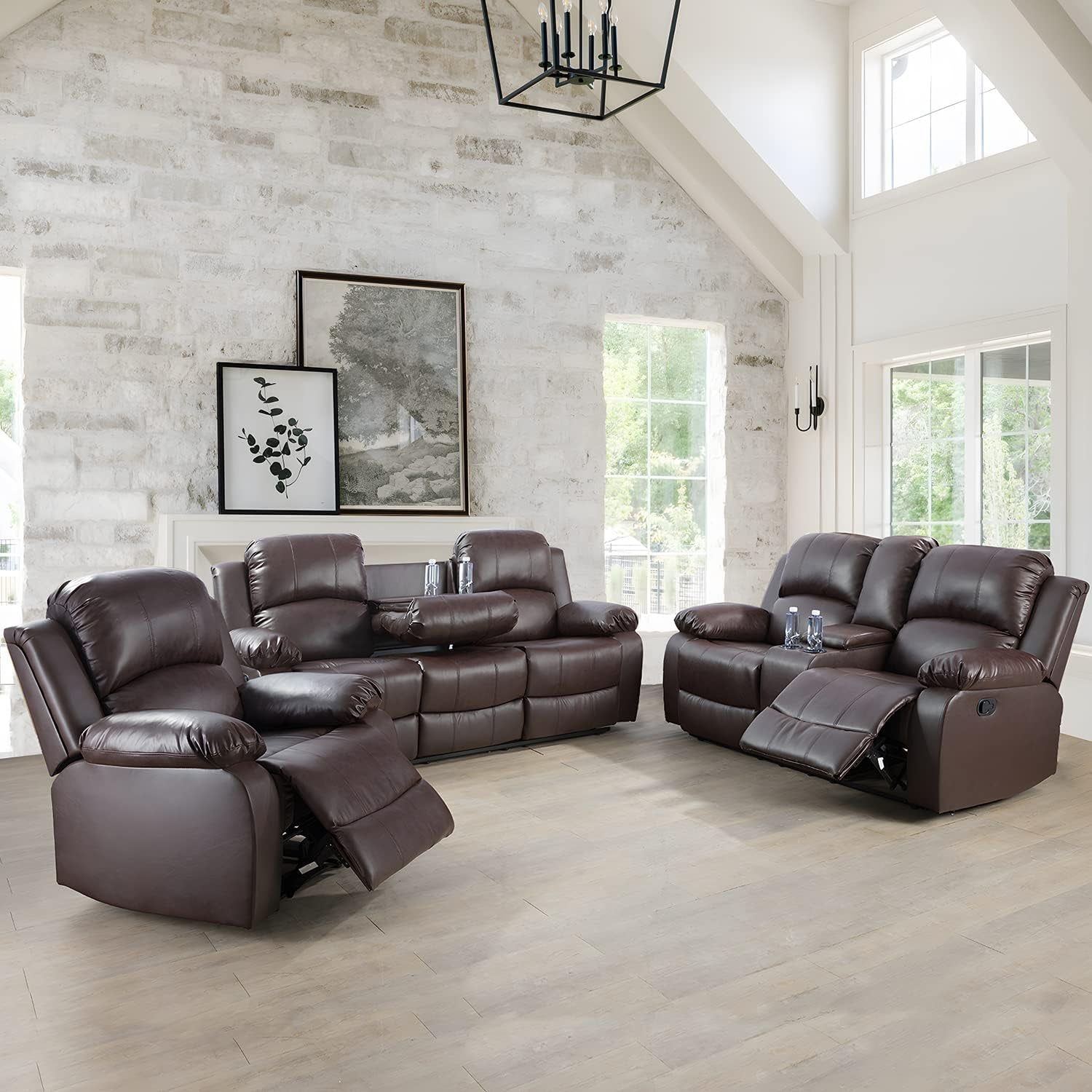 Manual Leather Recliner Sofa Set for Living Room Furniture Set,Leather Recliner Couch Set for Home/Office,Leather Reclining Sofa Set for 3-Pieces(Sofa+Loveseat+Chair) Brown