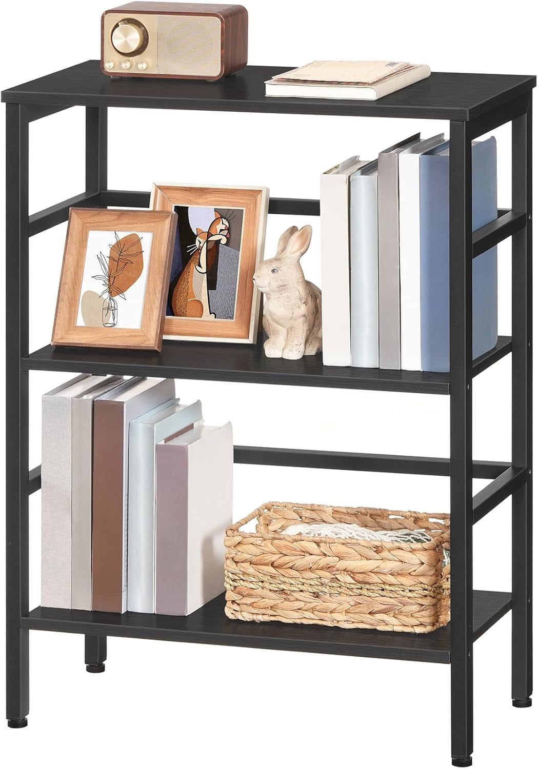 3 Tier Bookshelf, Industrial Bookcase, Record Storage Rack with Side Fence, Wood Storage Shelf with Metal Frame, Rustic Open Display Shelf for Living Room, Bedroom, Black BB86CJ01