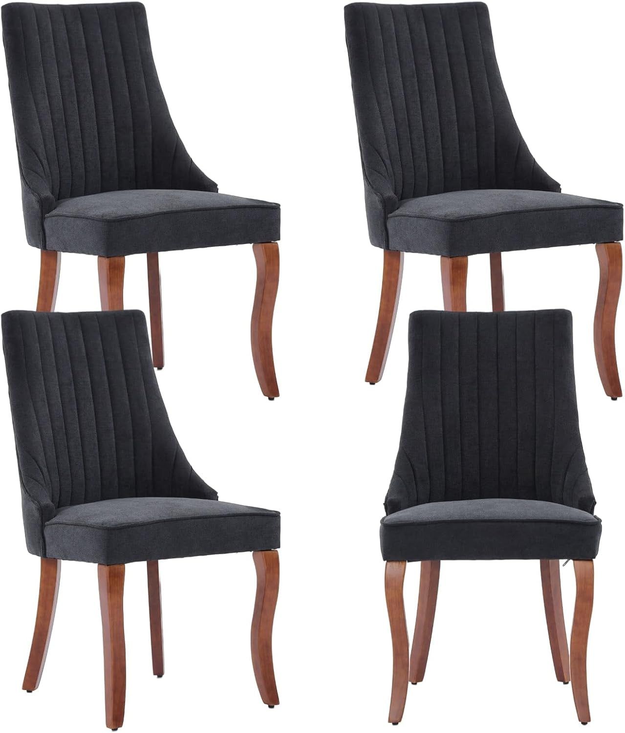 Velvet Dining Chairs Set of 4,Comfy Fabric Upholstered Accent Chairs for Kitchen Living Room,Channel Tufted Dining Room Chairs with Curved Solid Wood Legs(Black)