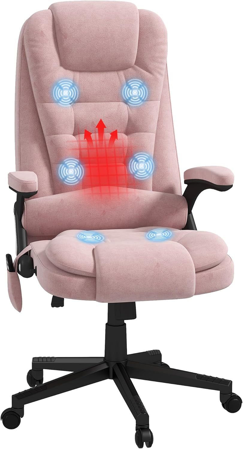 6 Point Vibrating Massage Office Chair with Heat, Velvet High Back Executive Office Chair with Reclining Backrest, Padded Armrests and Remote, Pink