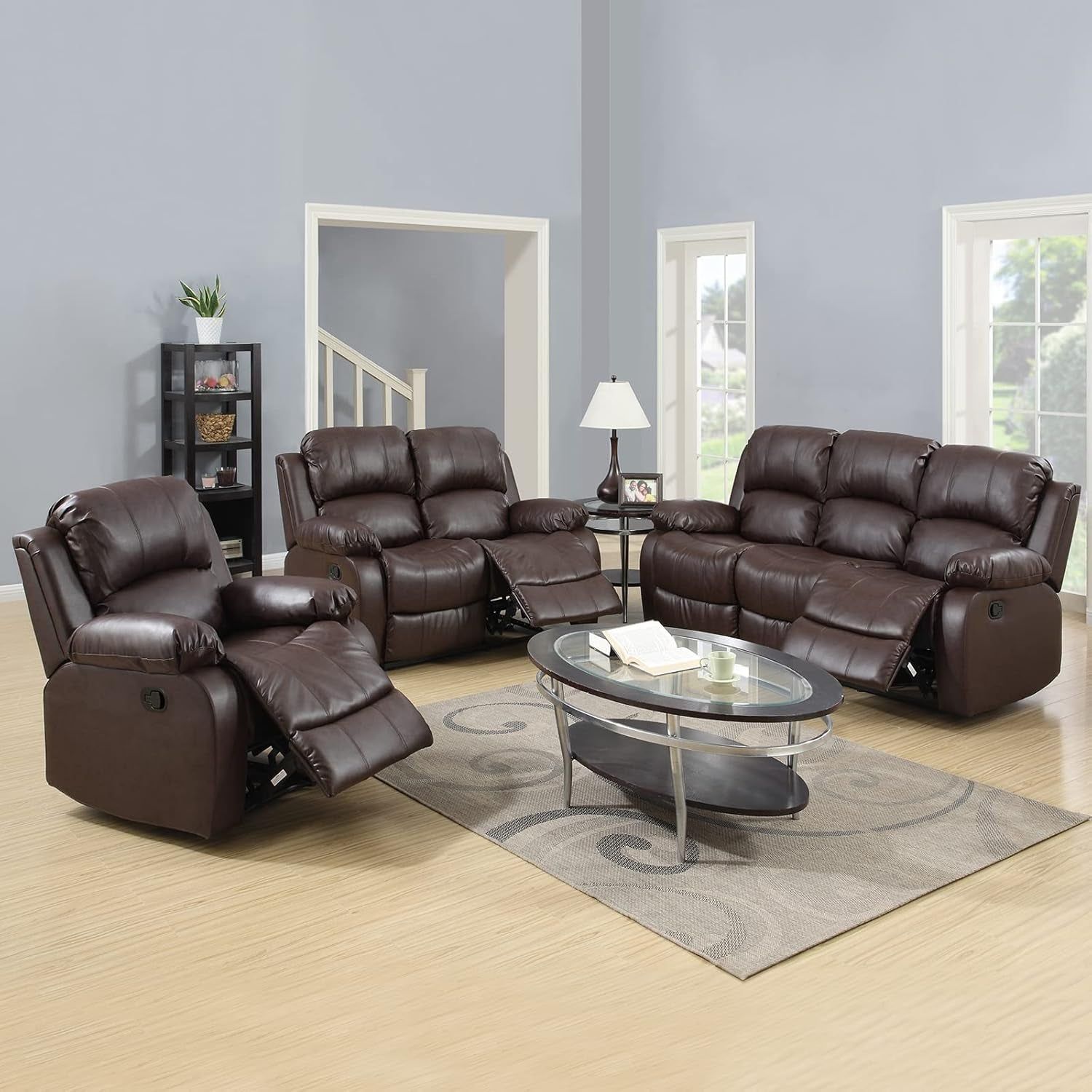 Luxury Recliner Sofa Living Room Set Reclining Sofa and Loveseat Chair Sets Living Room Furniture Sets Recliner Couches for Living Room/Office (A-Brown Leather, 3 Piece Set)