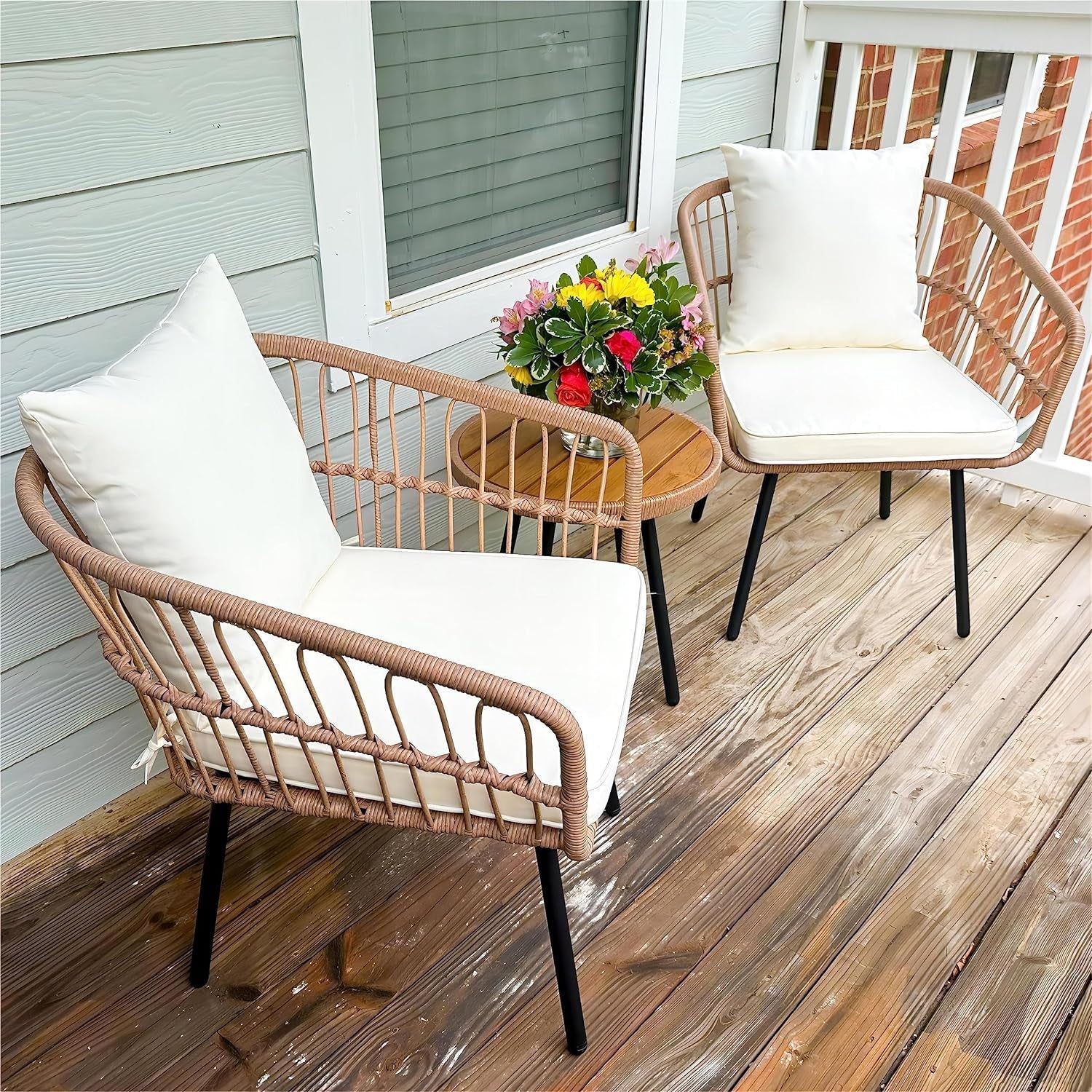 3 Pieces Outdoor Wicker Patio Conversation Bistro Set, All-Weather Rattan Patio Furniture Set with Table &amp; Cushions, Outdoor Sectional Sofa for Patio, Balcony, Backyard, Deck