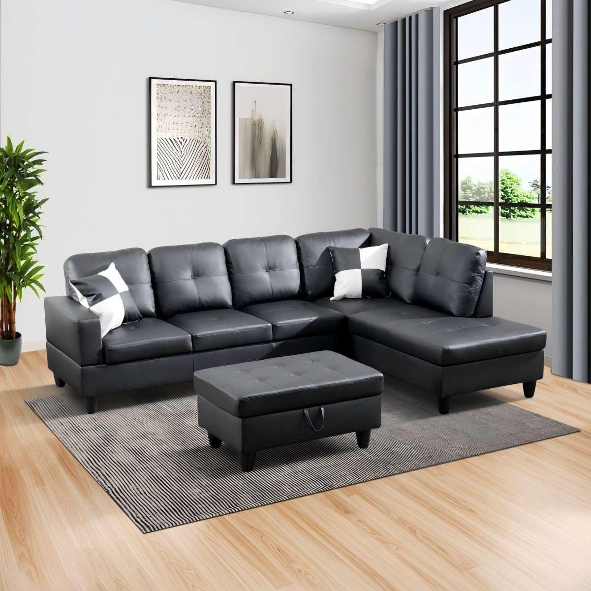Black L-Shaped 3-Piece Faux Leather Sofa with Storage Ottoman Set, Sectional Couch Leather-Like Sofa Set for Living Room, Office, Small Space