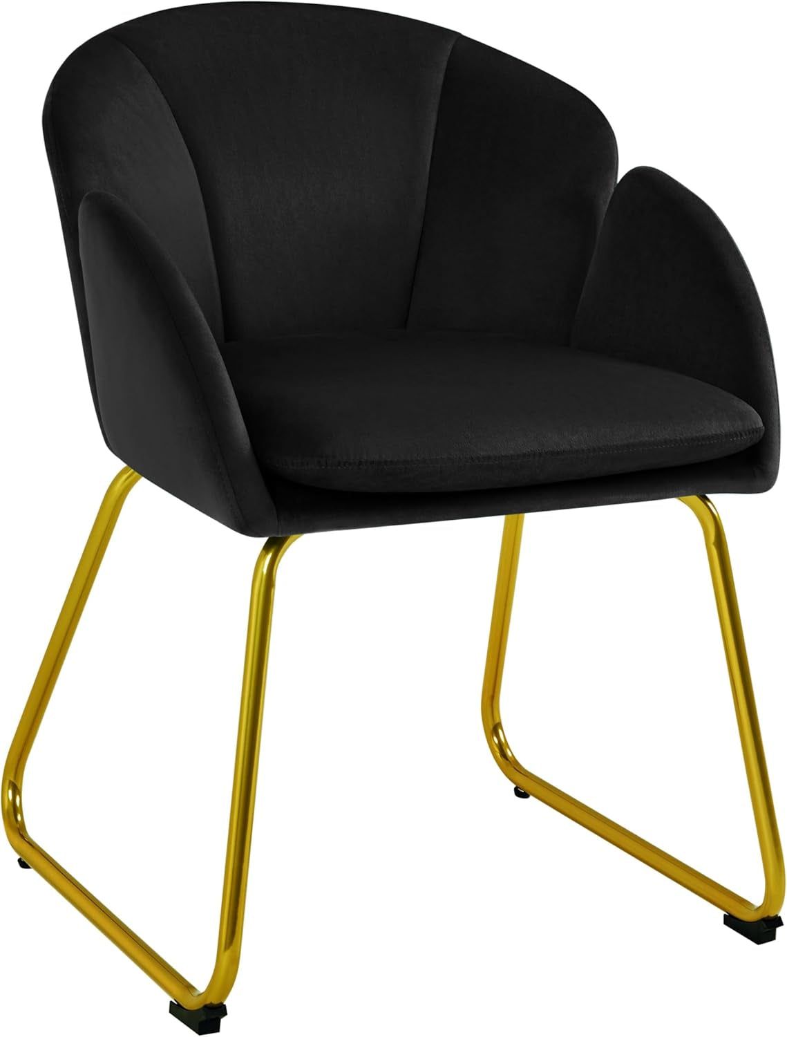 Modern Velvet Armchair, Flower Shaped Makeup Chair Vanity Chair with Golden Metal Legs for Living Room/Makeup Room/Bedroom/Home Office/Kitchen, Black