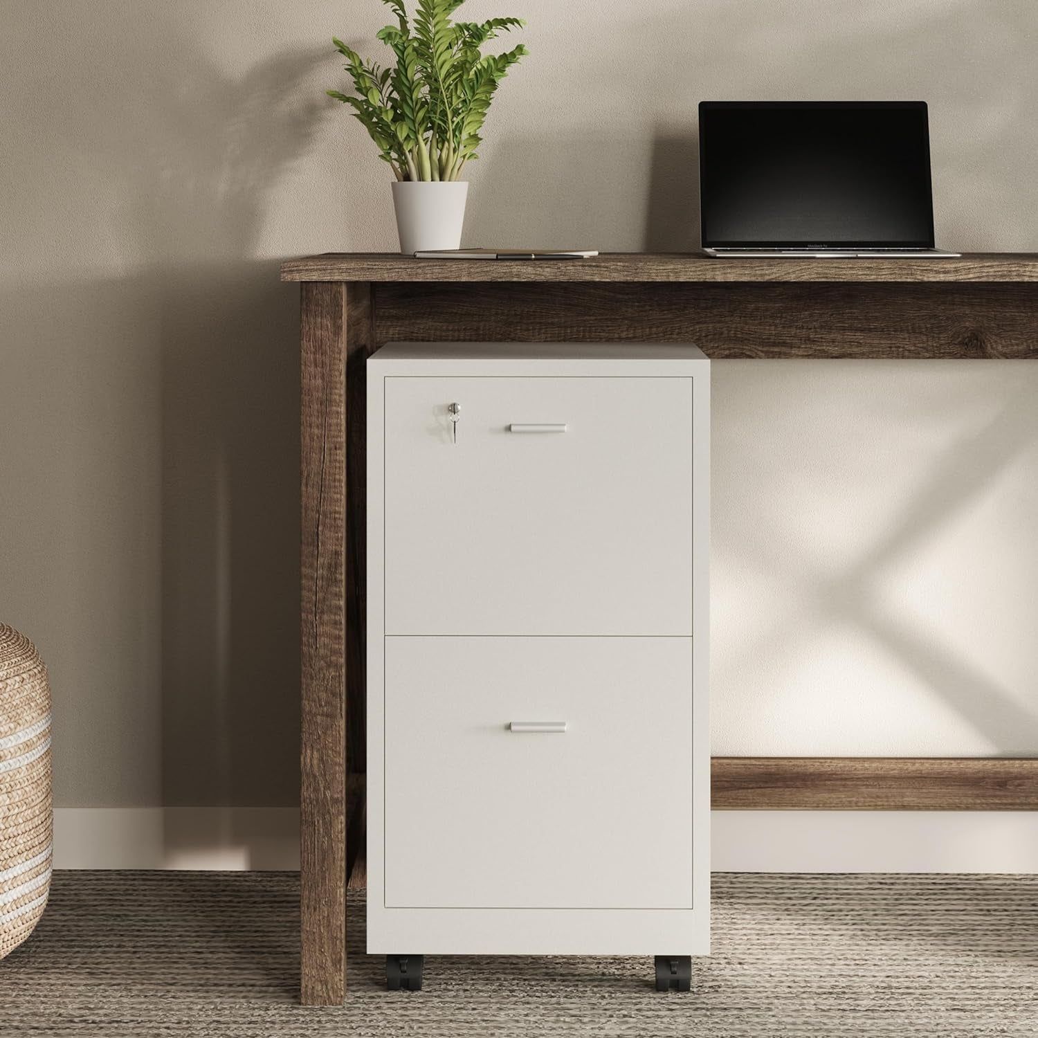 File Cabinet - 2-Drawer Cabinet with Lock and Deep Drawer Storage - Rolling Filing Cabinet for under the Desk, Home, or Office (White)