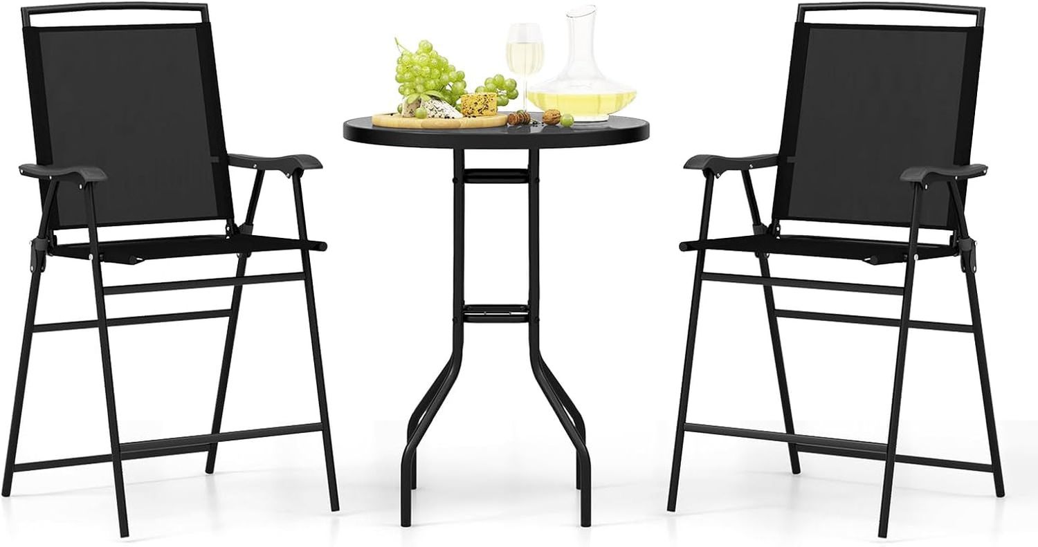 3 PCS Patio Table and Chairs Set, Bistro Furniture with DPC Tabletop, Umbrella Hole, Outdoor Bar Set with round Table and 2 Folding Counter Height Chairs for Poolside, Deck, Porch, Black