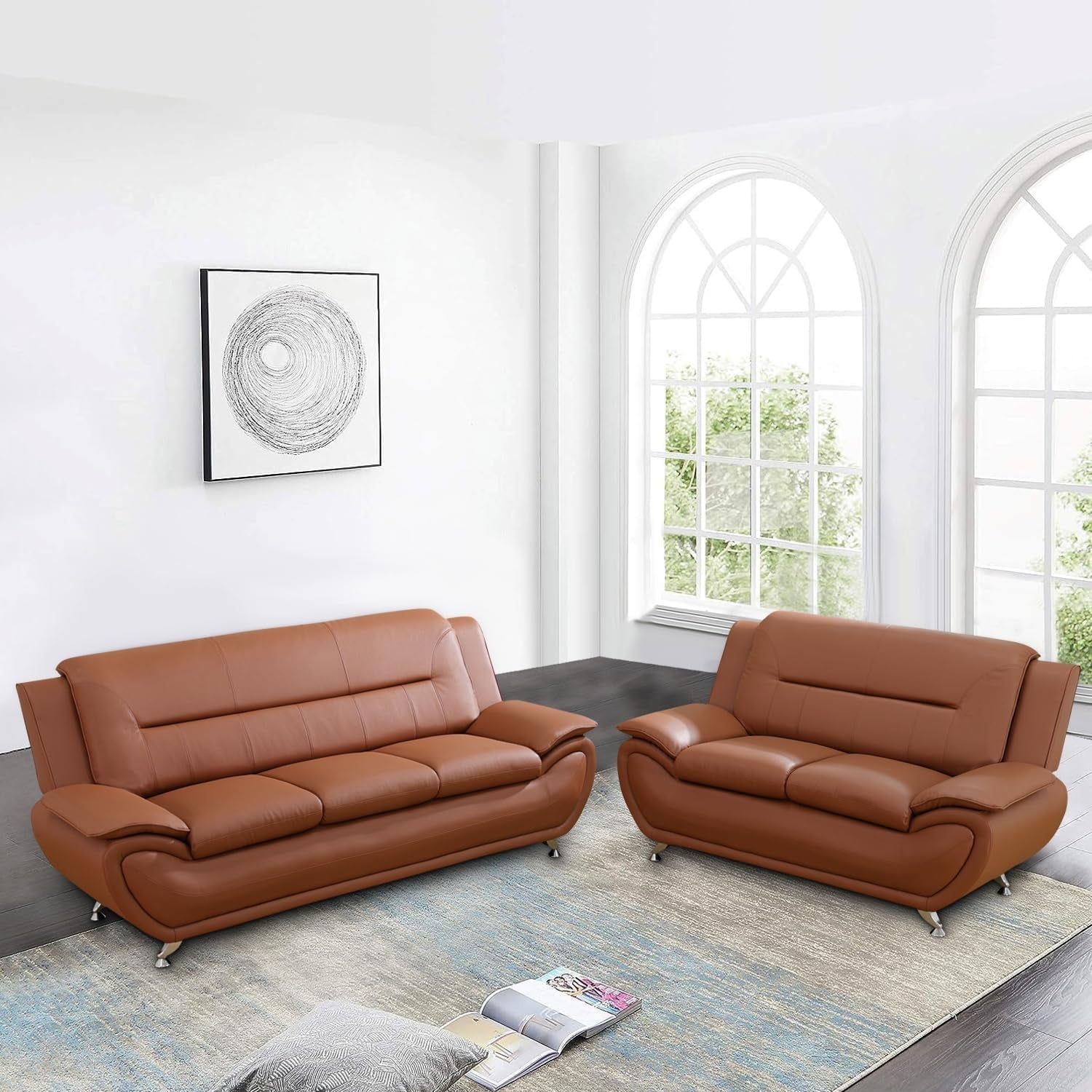 Faux Leather 2 Piece Sofa Set, Modern Orange Living Room Couch and Loveseat with Solid Wood Frames, Foam Filled, Button Tufted
