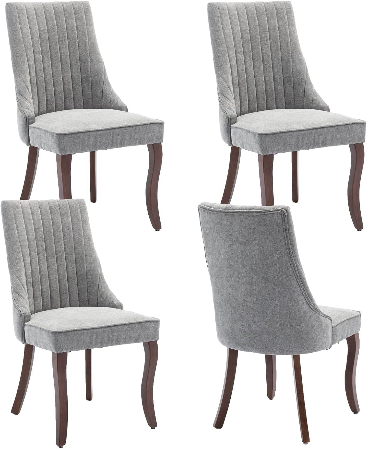 Velvet Dining Chairs Set of 4,Comfy Fabric Upholstered Accent Chairs for Kitchen Living Room,Channel Tufted Dining Room Chairs with Curved Solid Wood Legs(Gray)