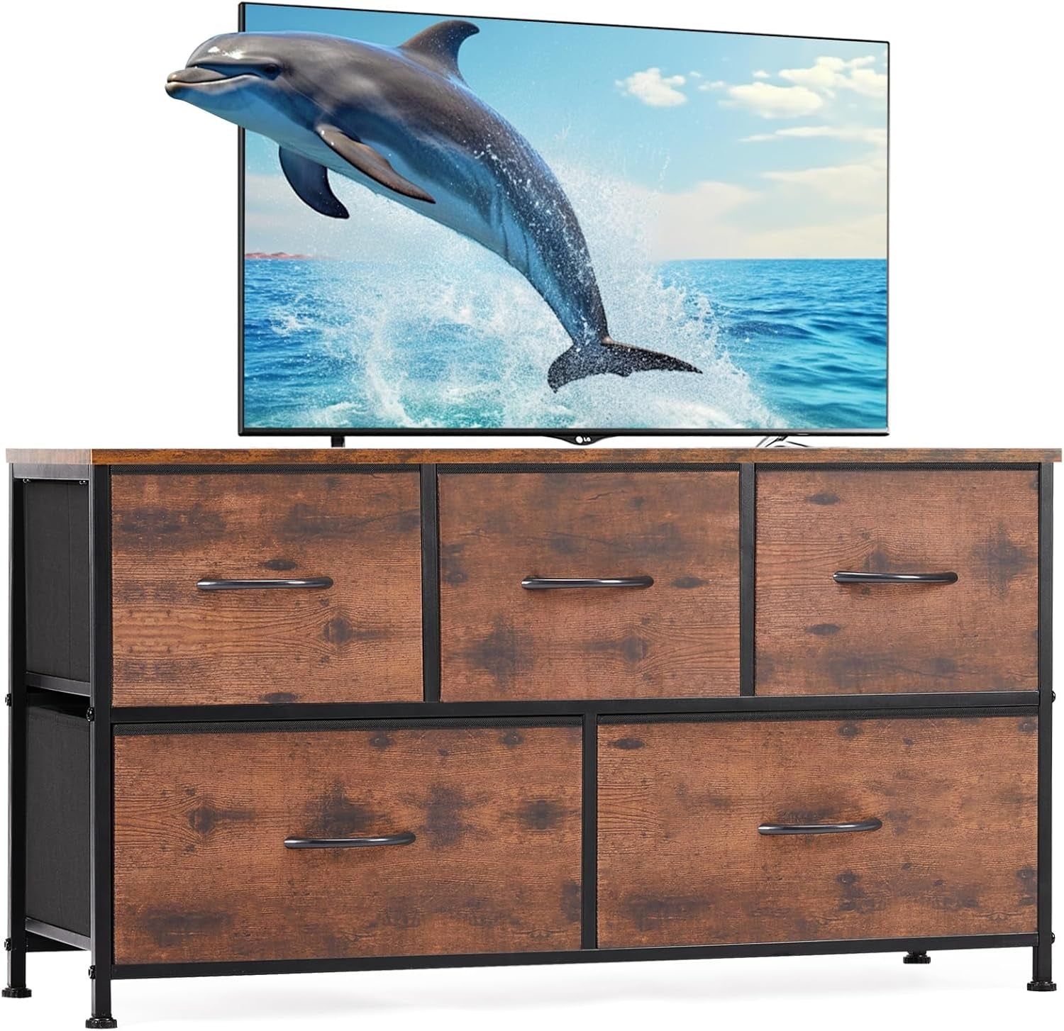 5 Drawers Dresser for Bedroom, Kidsroom Furniture, Small Chest Tower, Storage Organizer Units for Clothing, Closet, Fabric Bins, Wood Top, Steel Frame, Lightweight, Assemble Tools Include