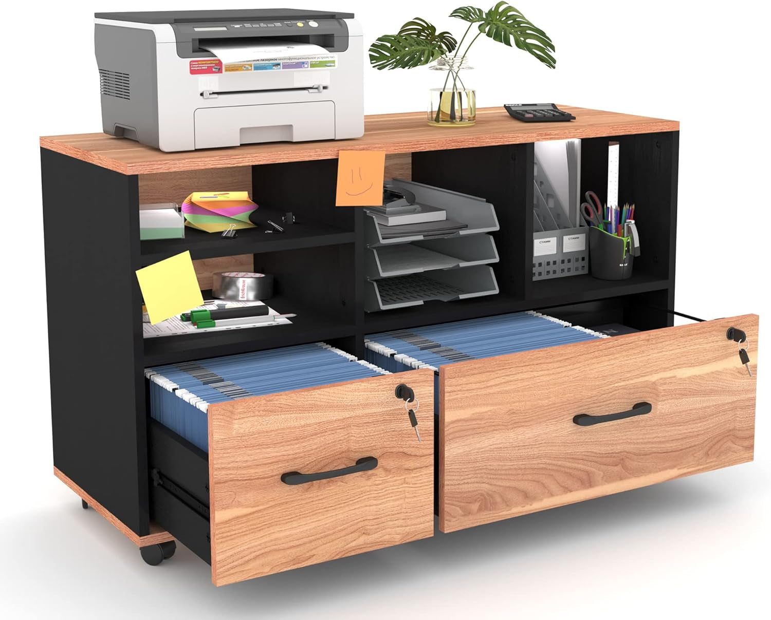 2 Drawer File Cabinet for Home Office, Lockable Rolling Filing Cabinet with Adjustable Shelves, Wood Lateral File Cabinet with Lock, Printer Stand Office Storage Cabinet, Rustic Brown &amp; Black