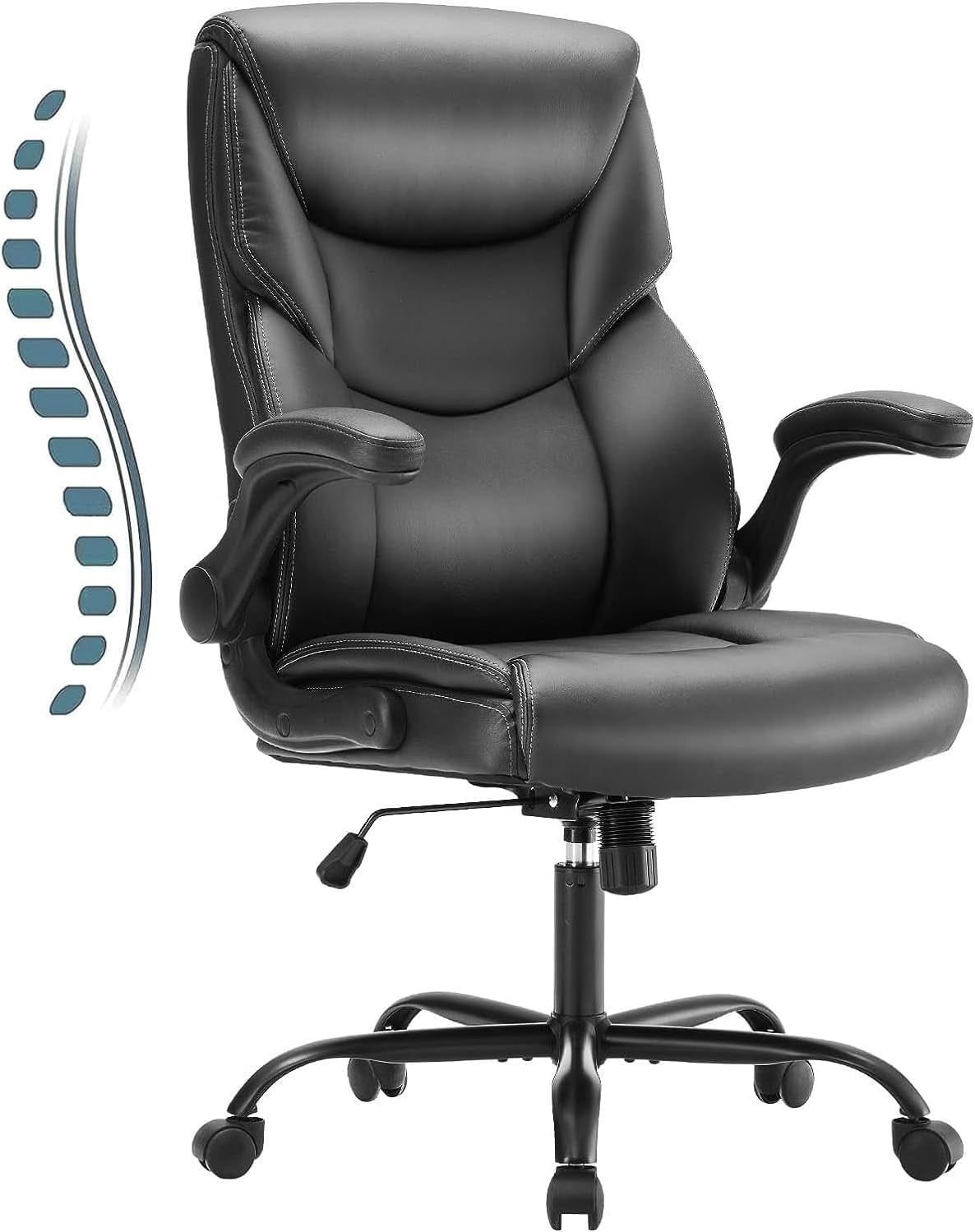 Computer Gaming Chair, Ergonomic Office Chair Heavy Duty Task Desk Chair with Flip-Up Arms, PU Leather, Adjustable Swivel Rolling Chair with Wheels, Black