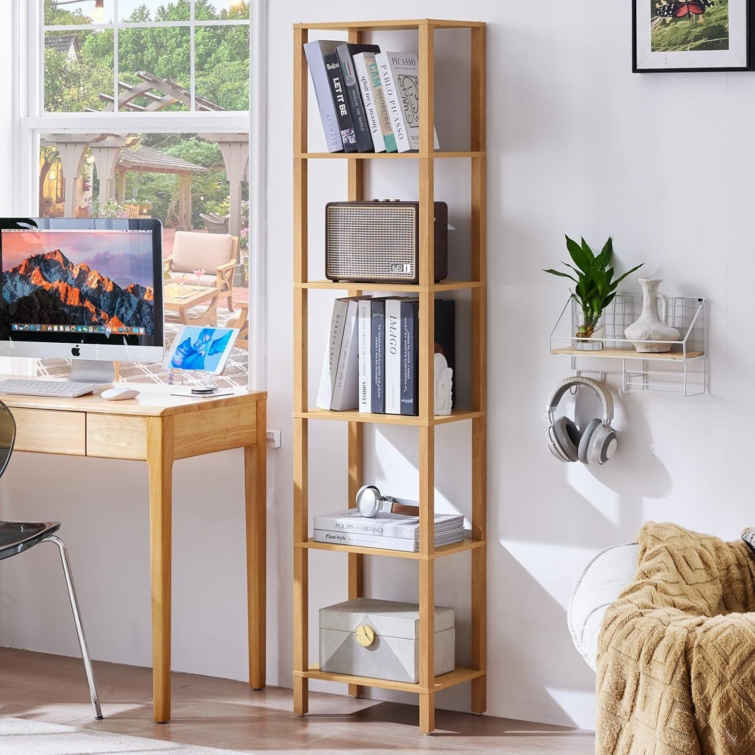 66In Tall Bookshelf 6-Tier Small Narrow Bookcase, Skinny Book Shelf for Small Space, Farmhouse Slim Shelf with Storage, Wood Freestanding Display Thin Bookshelves for Living Room, Natural