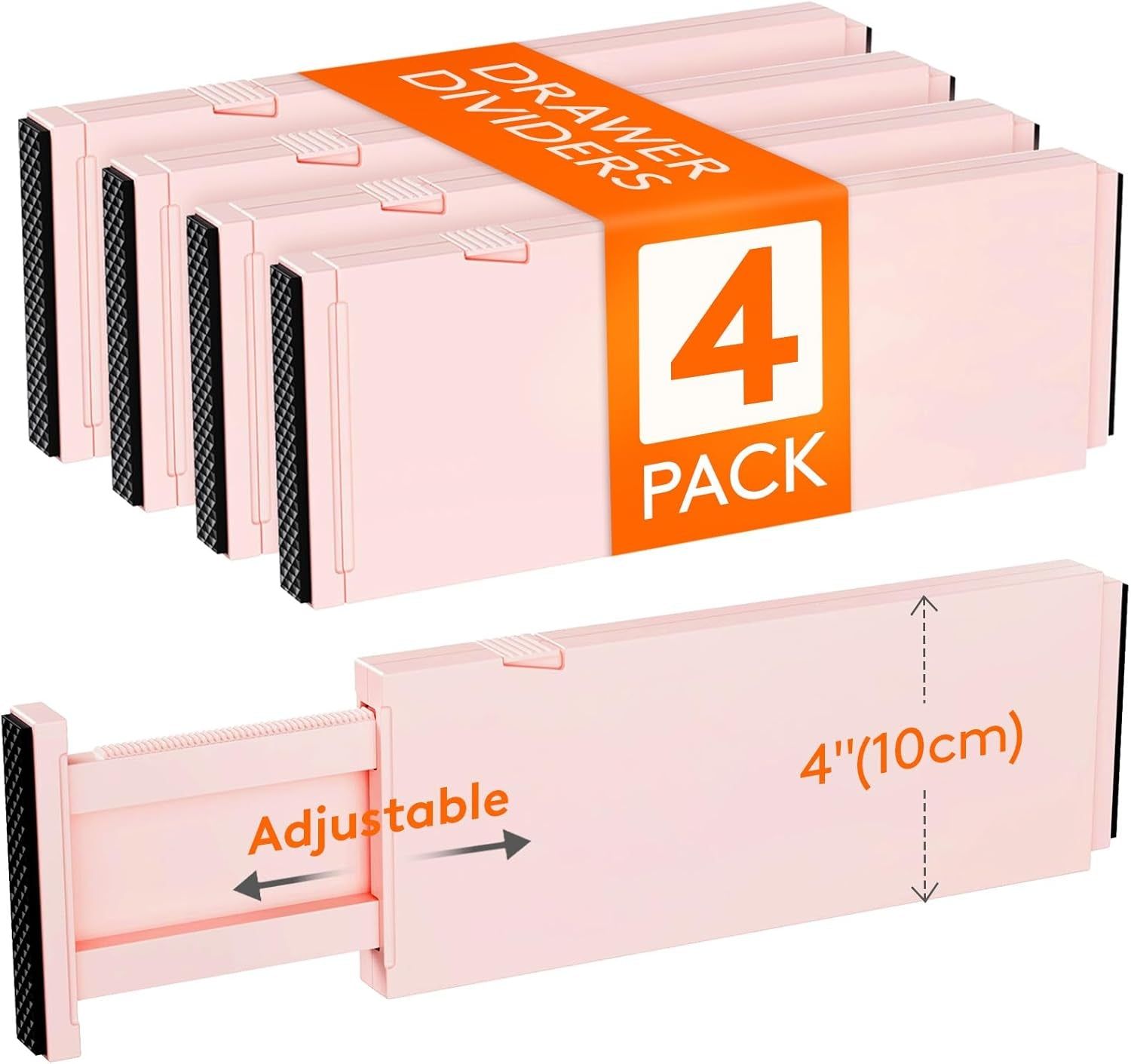 4 Pack Drawer Dividers Plastic 4&quot; High, 11-17&quot; Adjustable Drawer Organizers for Clothes, Expandable Dresser Separators in Bedroom/Bathroom/Kitchen/Office Organization and Storage, Pink