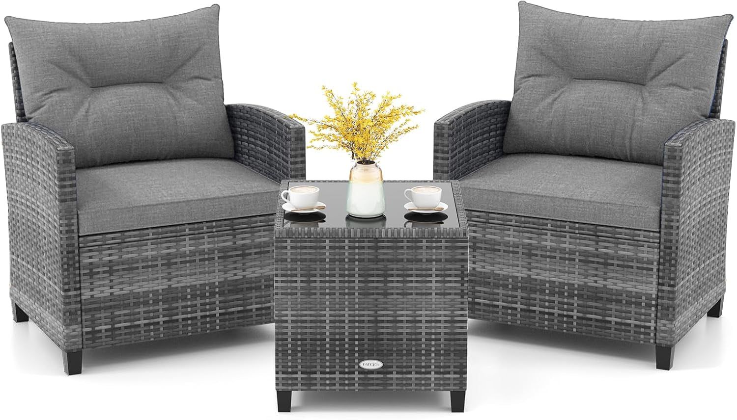 3 Piece Patio Furniture Set, Outdoor PE Rattan Conversation Set with Washable Cushions &amp; Tempered Glass Tabletop, Wicker Chairs and Table Set for Porch, Garden, Balcony (Grey)
