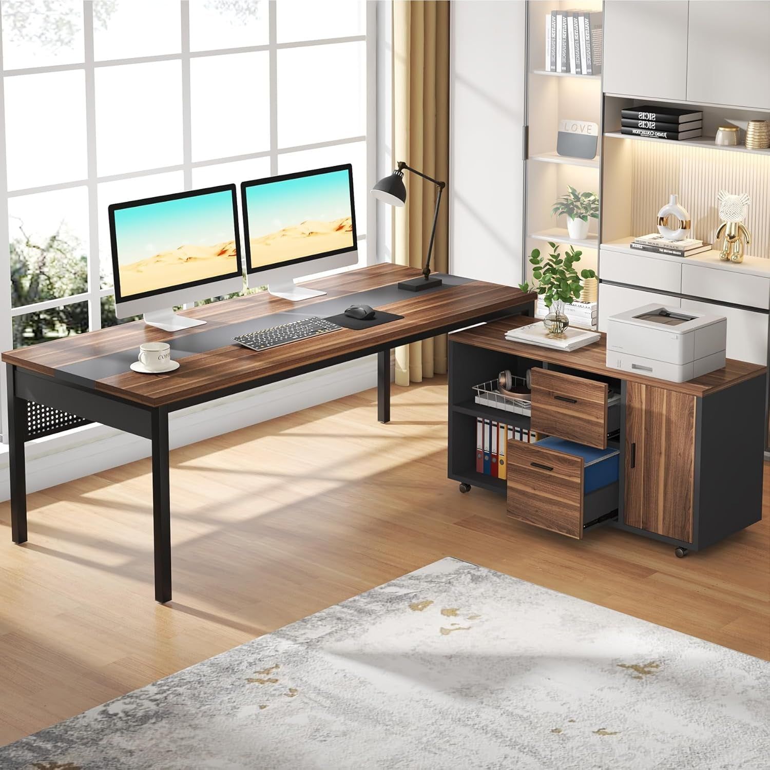 71&quot; Walnut Executive L Desk with File Cabinet