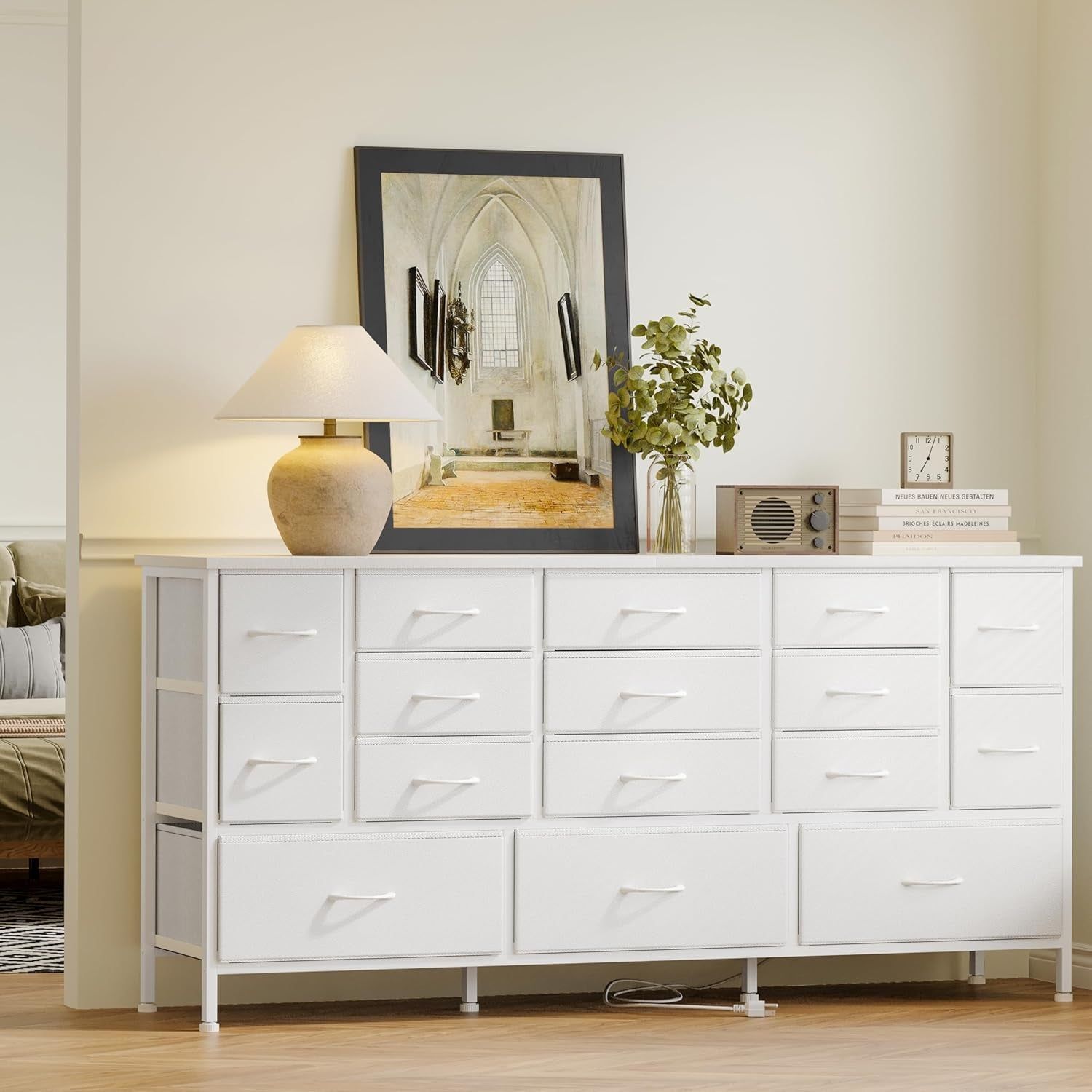 63.3 Inch Long Bedroom Dressers with Drawers Large Cabinet with Power Outlets Bedroom TV Stand with Storage, Fabric Dresser for Girl Bedroom with 16 Drawers, White