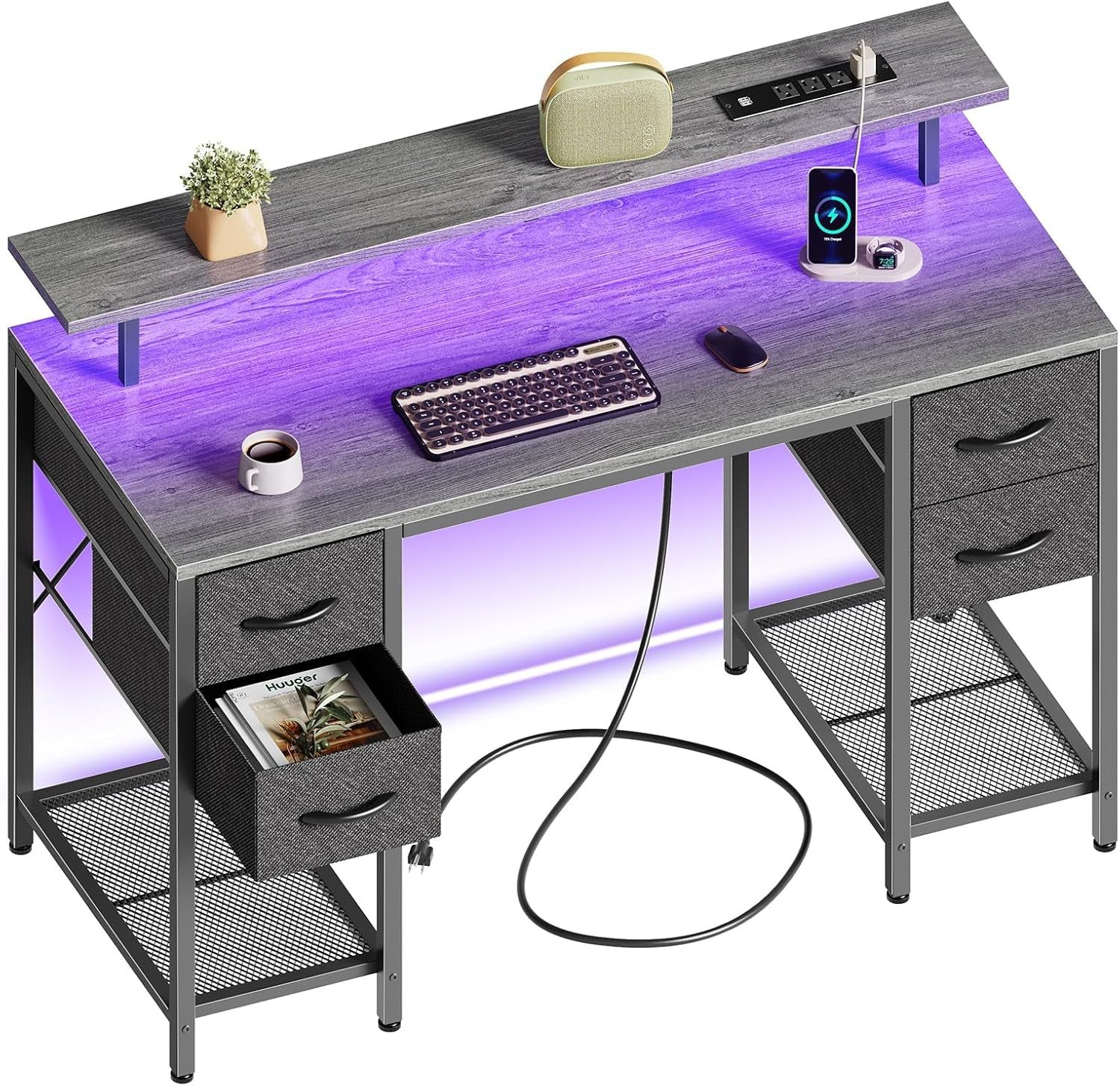 47 Inch Computer Desk with 4 Drawers, Gaming Desk with LED Lights &amp; Power Outlets, Home Office Desk with Large Storage Space for Bedroom, Work from Home, Grey
