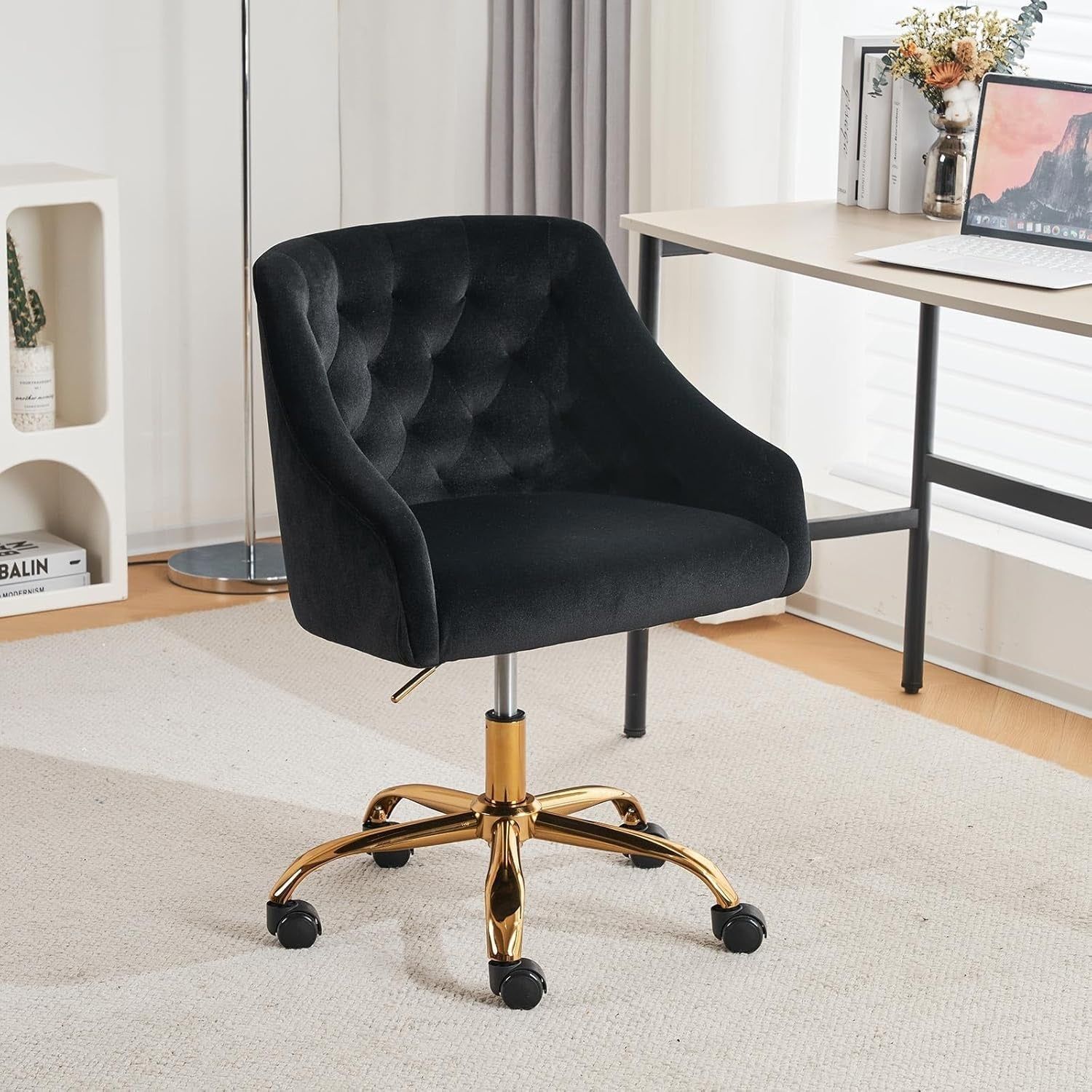 Velvet Office Swivel Chair, Vanity Chair, Fabric Desk Chair, Pretty Fancy Chair, Gold Office Chair for Girls, 360°Swivel Height Adjustable Reception Chair (Black)