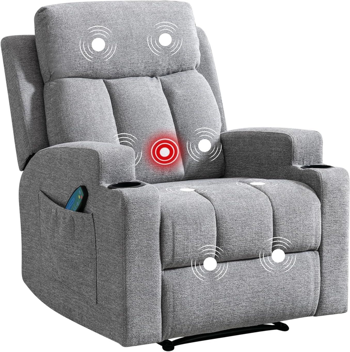 Manual Recliner Chair with Massage and Heat for Living Room Overstuffed Breathable Fabric Reclining Chair with 2 Side Pockets, 2 Cup Holders, Remote Control, Gray