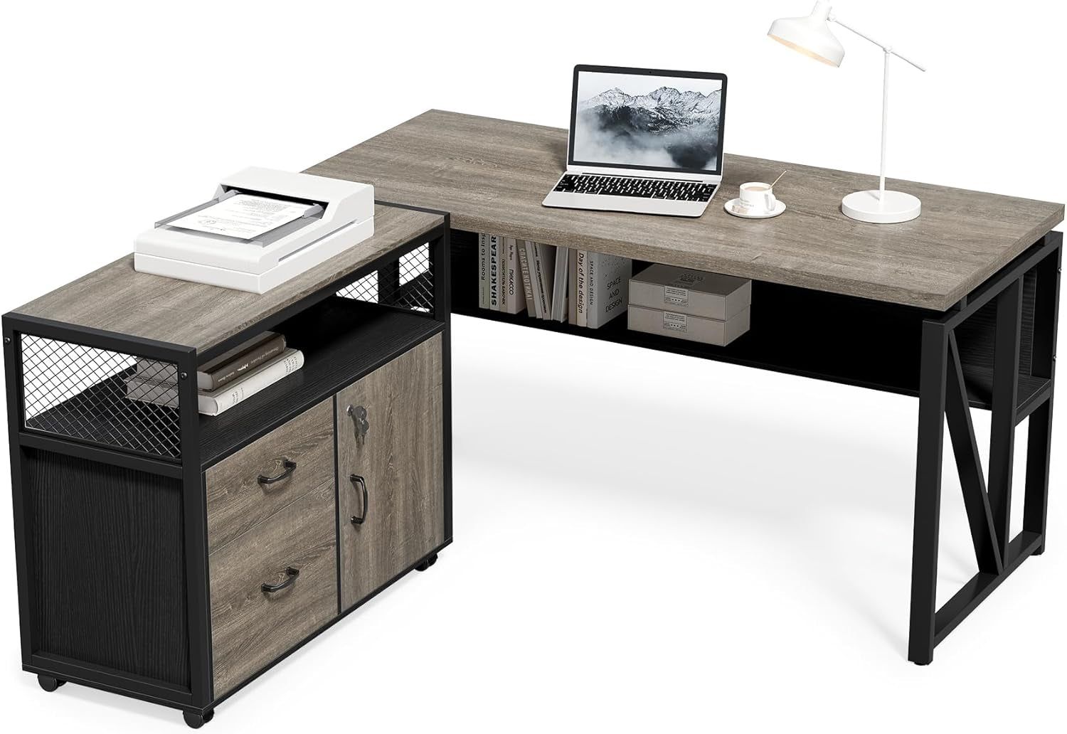 55&quot; Executive Computer Desk and Lateral File Cabinet, L-Shaped Office Desk for Home Office, Furniture Set, Grey