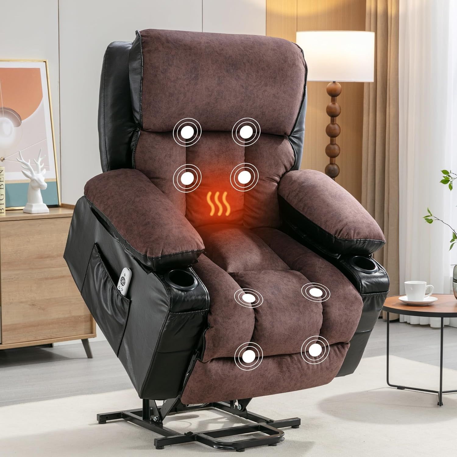 XL23 Power Lift Recliner with Massage &amp; Heat - Large Electric Chair for Elderly with USB Port, Cup Holders, Side Pockets - Living Room Bedroom Sofa(Black and Brown)