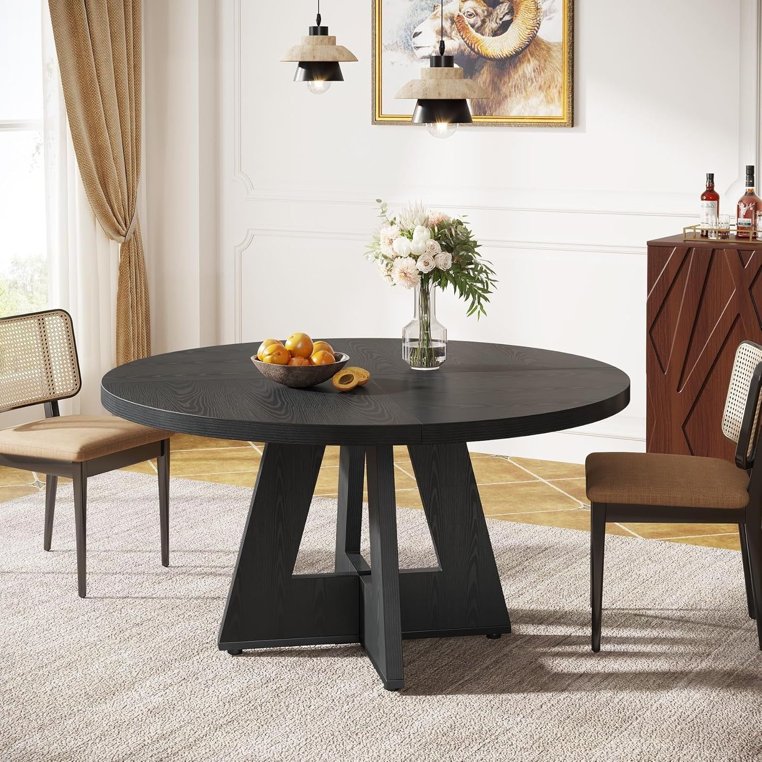 Farmhouse Dining Table, 47 Inch round Dinner Table for 4, Rustic round Dining Room Table for Home Dining Room Living Room (Black)
