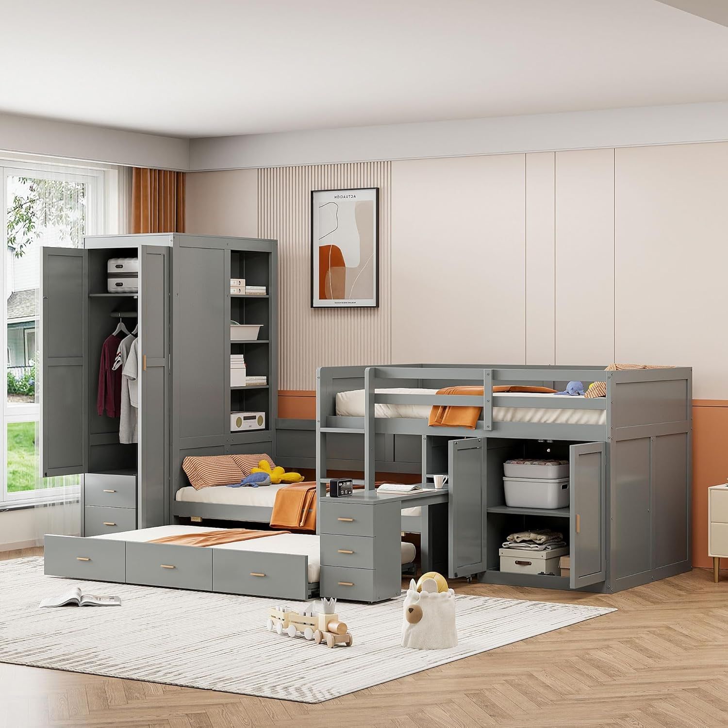 Twin over Twin Bunk Bed with Wardrobe, Desk, Storage Cabinets and Drawers, Space Saving Wooden Bed Frame &amp; Trundle for Kids Teens Adults, No Box Spring Needed, Gray