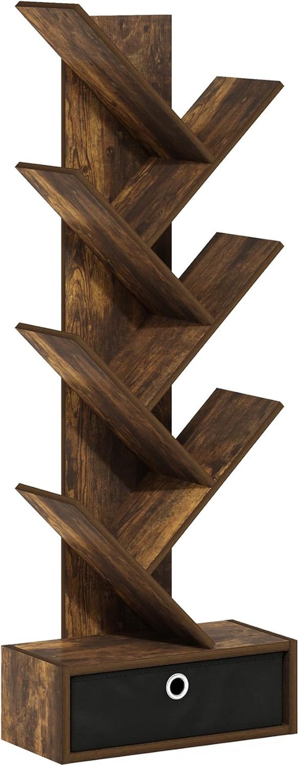 Tree Bookshelf 7-Tier Floor Standing Tree Bookcase with Bin Drawer, Amber Pine/Black