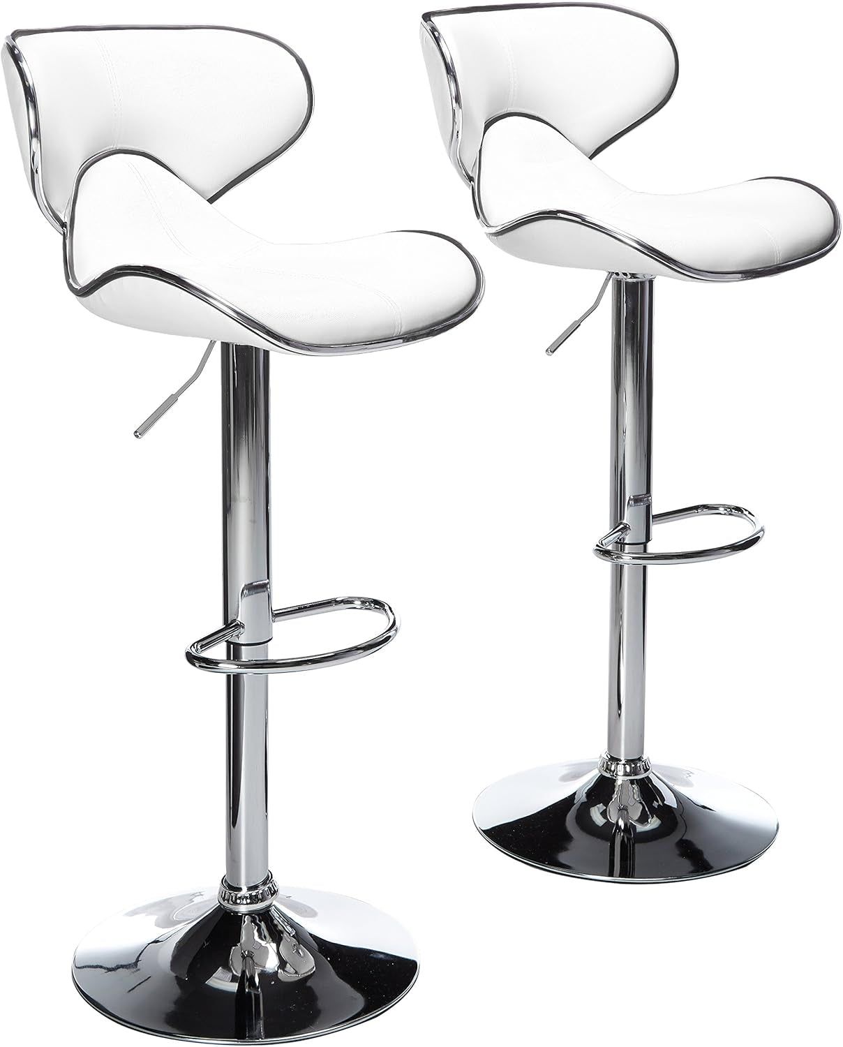 Masaccio Cushioned Leatherette Upholstery Airlift Adjustable Swivel Barstool with Chrome Base, Set of 2, White