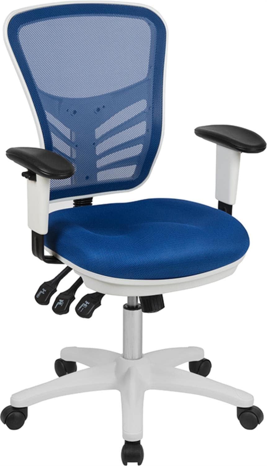Nicholas Mid-Back Blue Mesh Multifunction Executive Swivel Ergonomic Office Chair with Adjustable Arms and White Frame