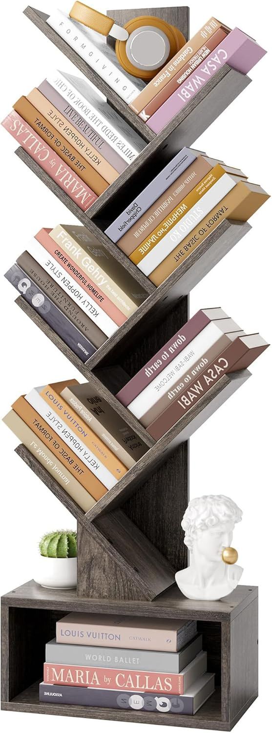 6 Tier Tree Bookshelf, Tall Bookcase with Drawer, Freestanding Book Shelf, Display Floor Standing Storage Shelf, Book Organizer Shelves for Home Office, Living Room, Bedroom, Grey