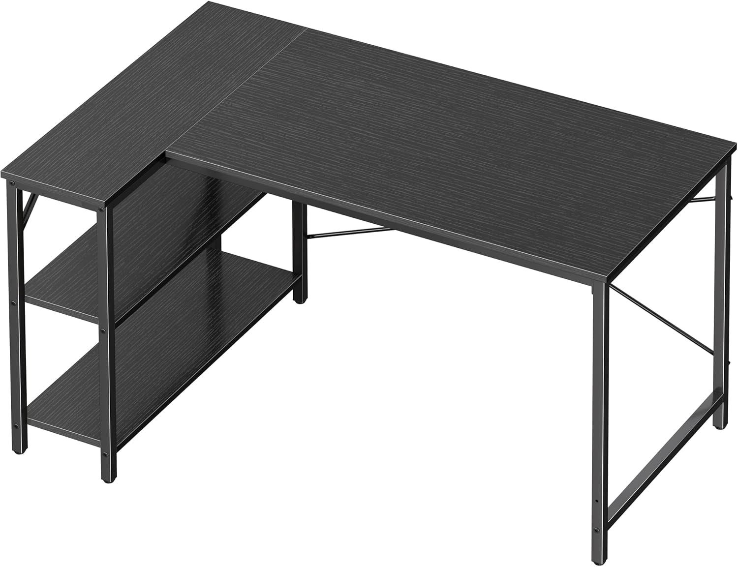 L Shaped Desk, 47 Inches Computer Desk with Reversible Storage Shelves, Gaming Desk, Corner Desk Home Office Desks, Writing Desk Study Desk with Metal Frame, Black
