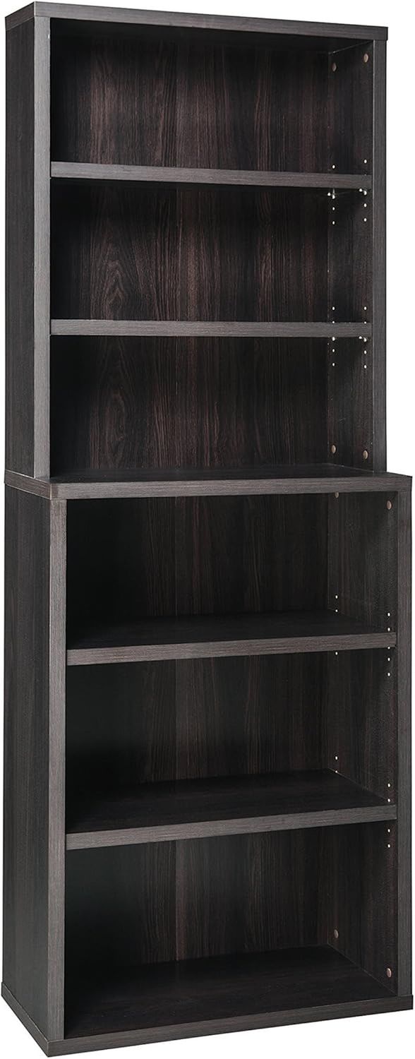 Bookshelf with 6 Shelf Tiers, Adjustable Shelves, Tall Bookcase Hutch, Sturdy Wood with Closed Back Panel, Black Walnut Finish