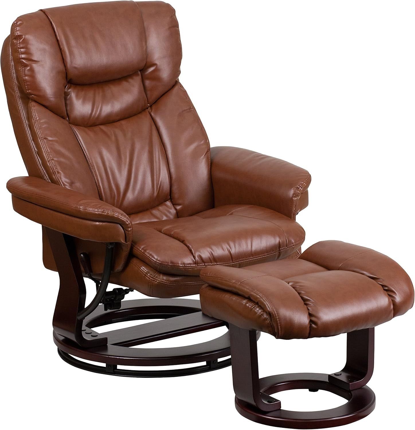 Allie Leathersoft Upholstered Recliner with Footrest, Arms, and Headrest, Padded Swivel Recliner Chair and Ottoman Set, Brown Vintage