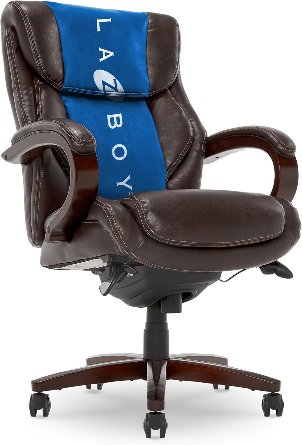 Bellamy Executive Office Chair with Memory Foam Cushions, Solid Wood Arms and Base, Waterfall Seat Edge, Bonded Leather, Brown