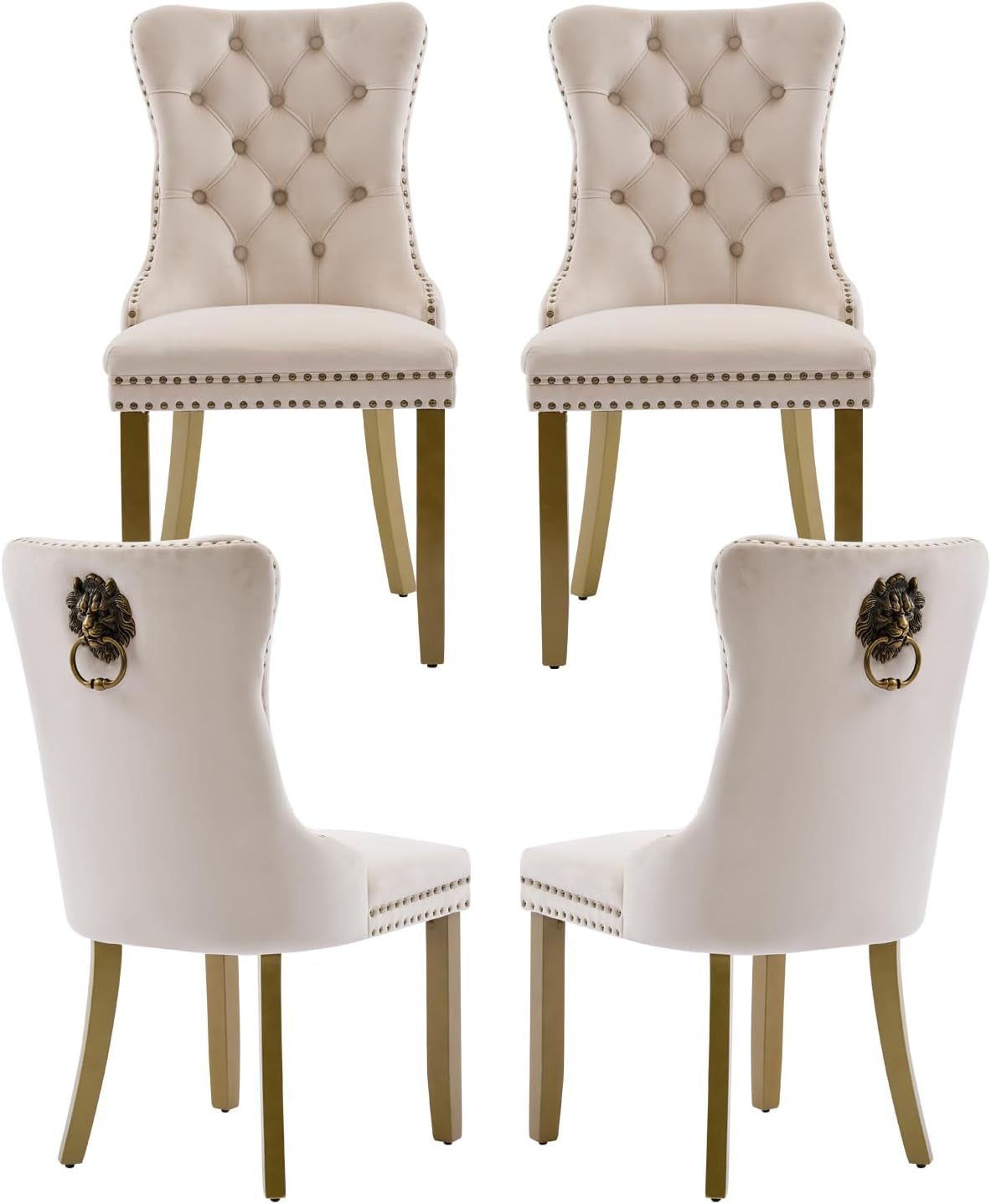 Beige Velvet Dining Chairs Set of 4, Upholstered Dining Room Chairs with Lion Head Pulls Ring and Golden Solid Wood Legs, Modern Button Tufted Kitchen Chairs for Dining Room, Kitchen(Beige)