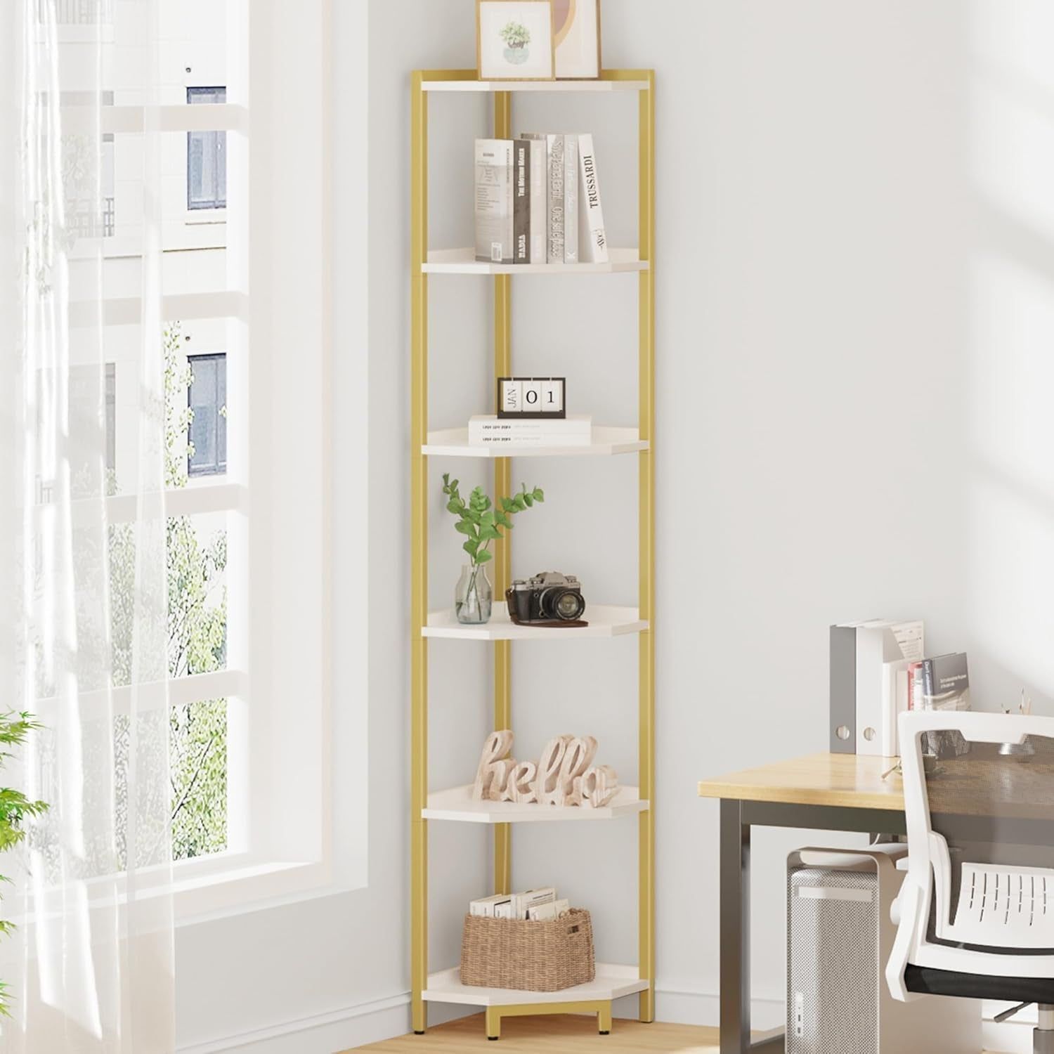 Corner Shelf Stand, Corner Bookshelf, Storage Standing Shelf Unit with Metal Frame, Plant Stand, Corner Bookcase for Living Room, Home Office, Bedroom, 6-Tier White Gold CS06003A