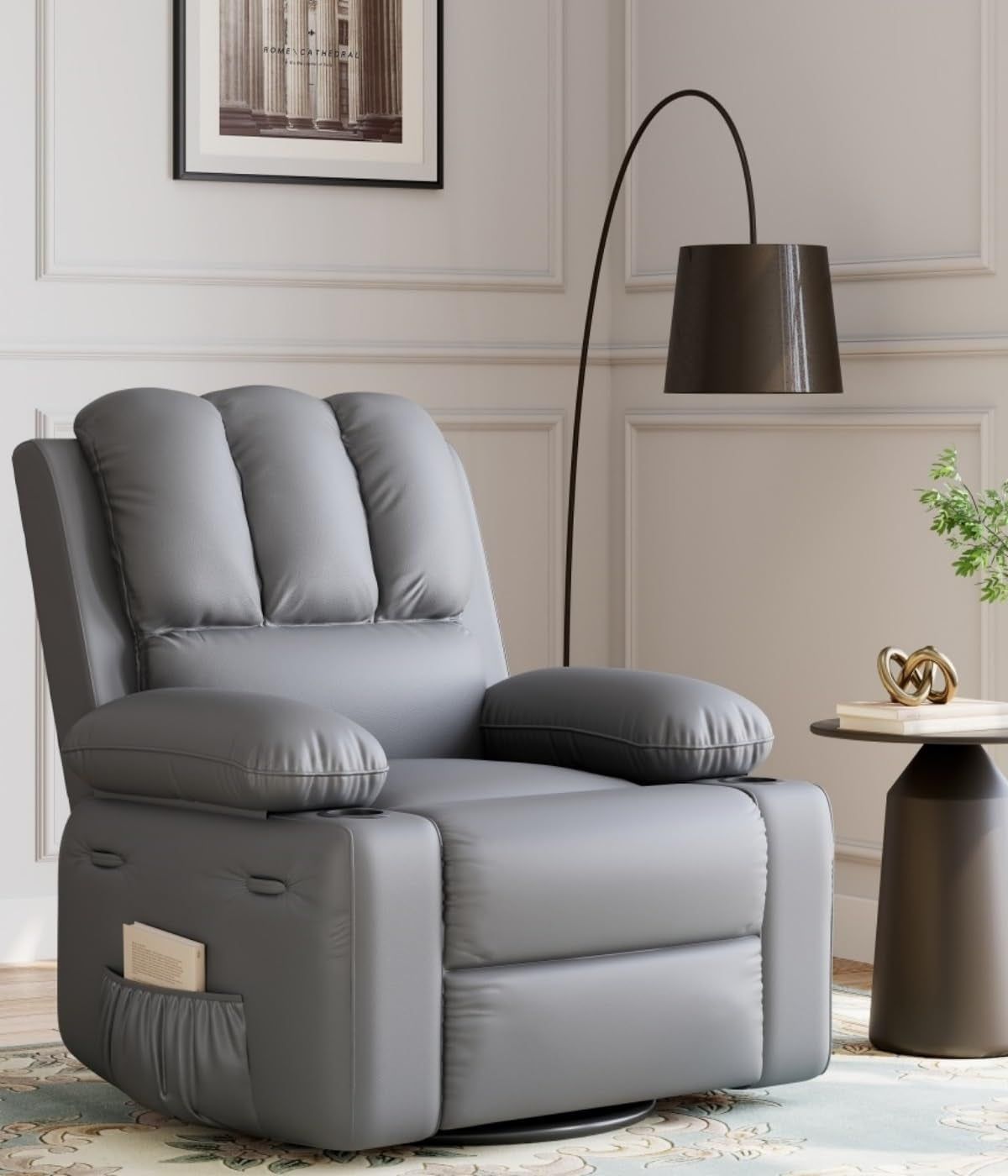 Oversized Recliner Chairs with Heat and Massage - 360° Swivel Lazy Recliner Chair for Adults- Manual Rocking Chair with Cup Holder for Living Rooms, Bedrooms and Nurseries - Grey