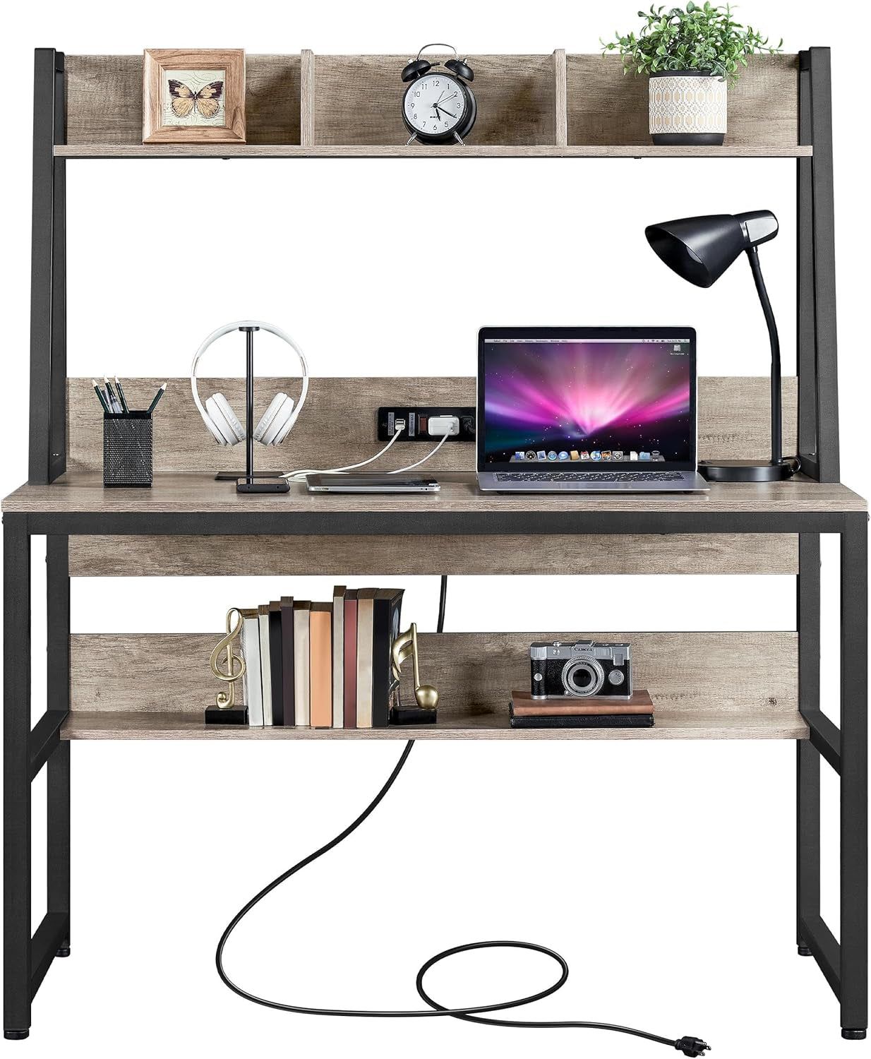 Home Office 47 Inch Writing Desk with Power Outlets and 2 USB Charging Ports for Studying, Gaming Table Computer Desk with Hutch and Bookshelf, Metal Frame Workstation for Office, Gray