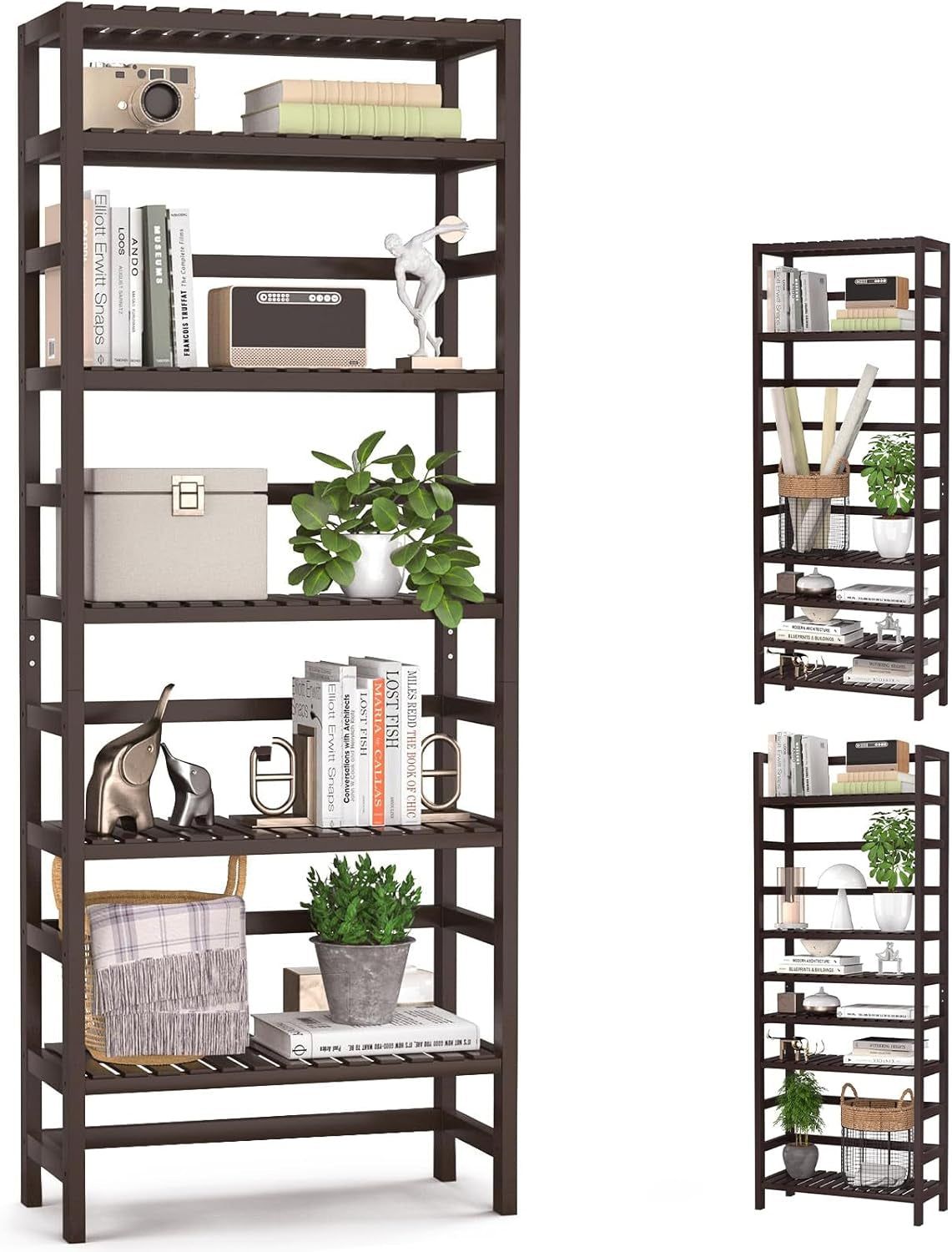 6-Tier Bamboo Bookshelves and Bookcases, Adjustable 63.4”Tall Shallow Book Shelf Organizer Rack, Freestanding Storage Shelving Unit for Living Room, Kitchen, Bathroom, Office, Espresso