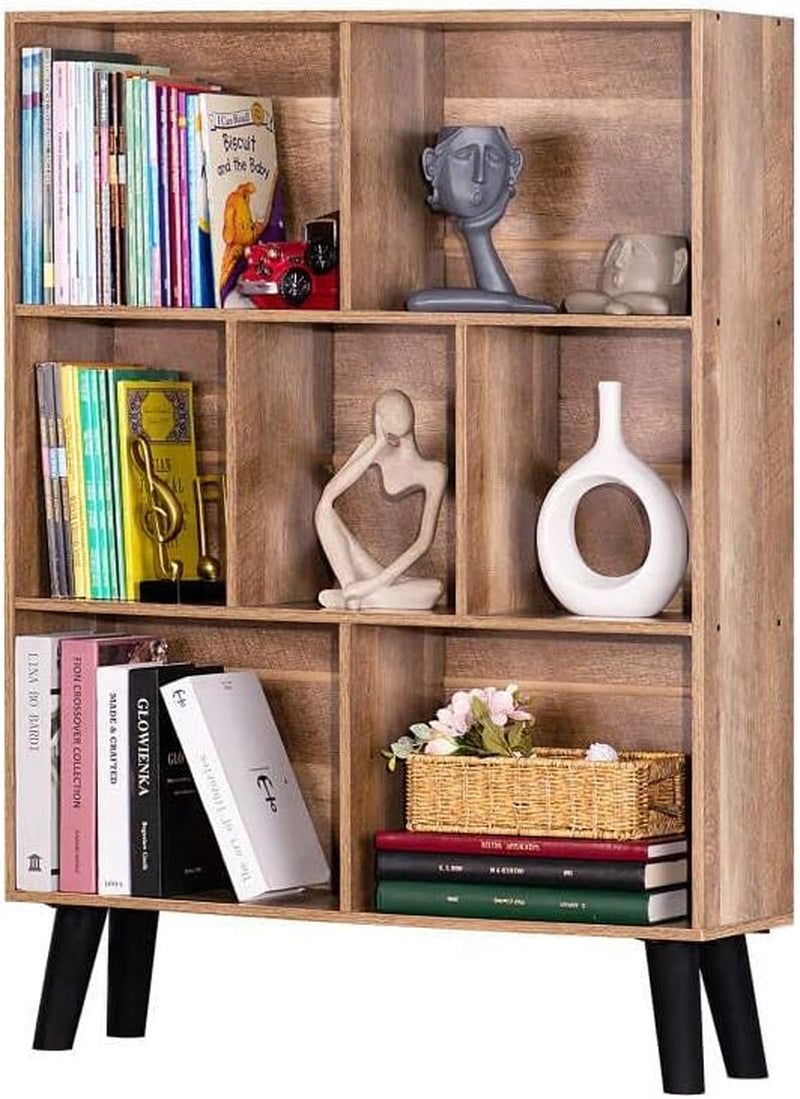 7 Cube Bookshelf 3 Tier Modern Bookcase with Legs,Wood Book Shelves Storage Organizer Shelf,Free Standing Bookcases,Oak Display Bookshelves